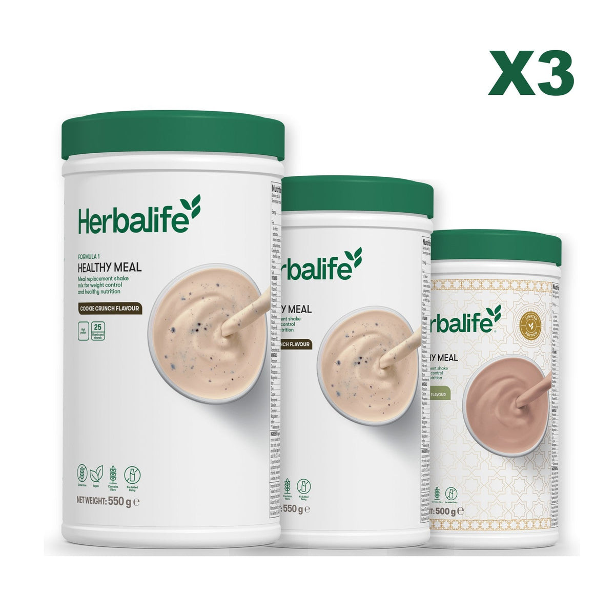 Three Formula 1 shake tubs led by Cookie Crunch, plus two flavours you choose, Cookie Crunch / Dubai Style Chocolate