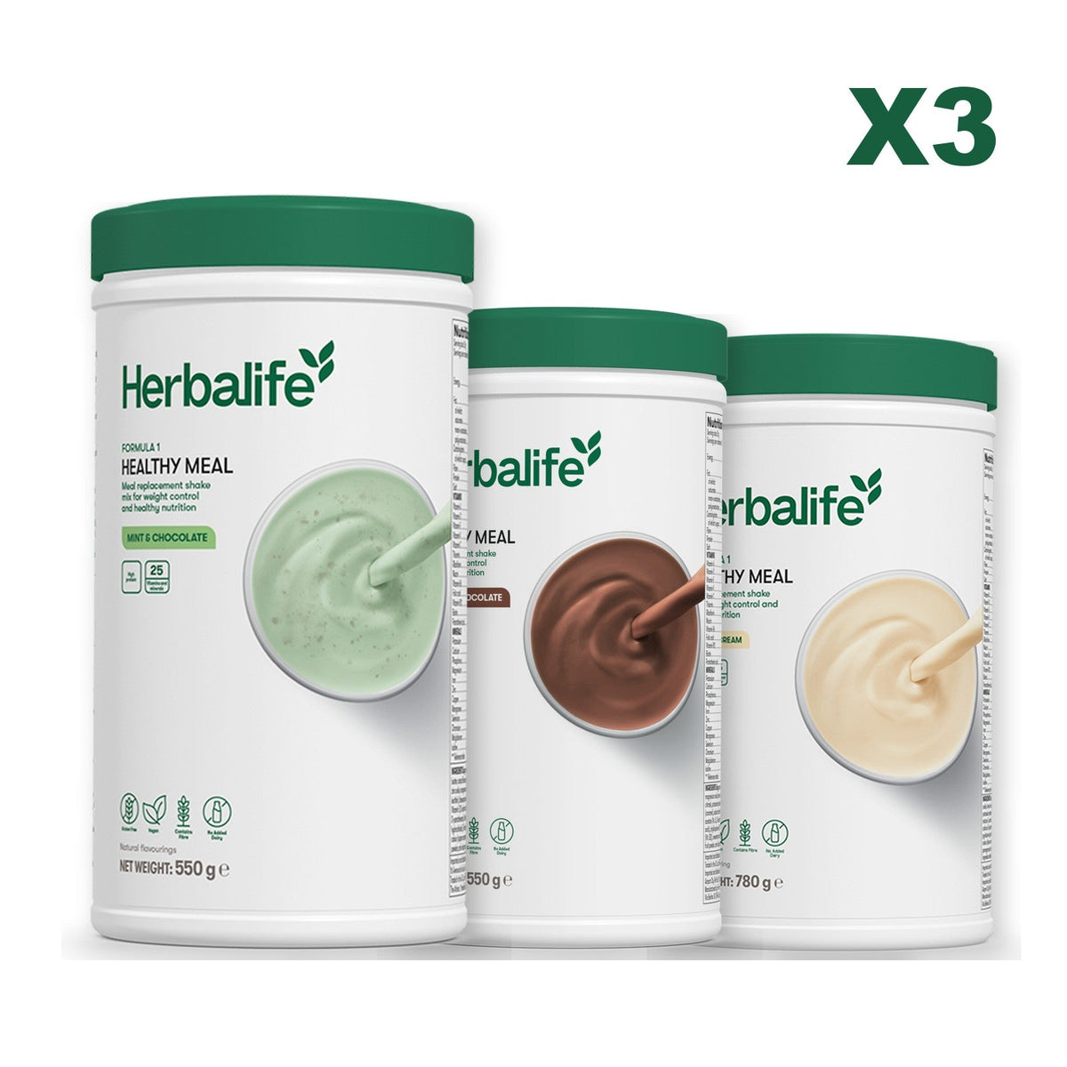 Three Formula 1 shake tubs led by Mint Chocolate, plus two flavours you choose, Chocolate / Vanilla (Large 780g)