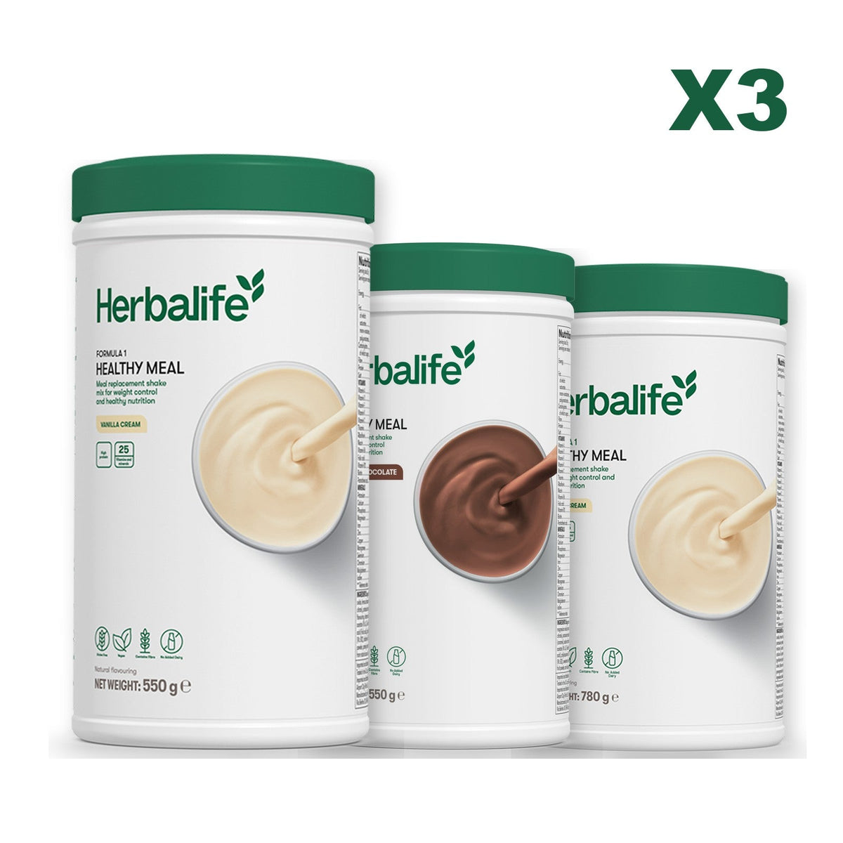 Three Formula 1 shake tubs led by Vanilla Cream, plus two flavours you choose, Chocolate / Vanilla (Large 780g)