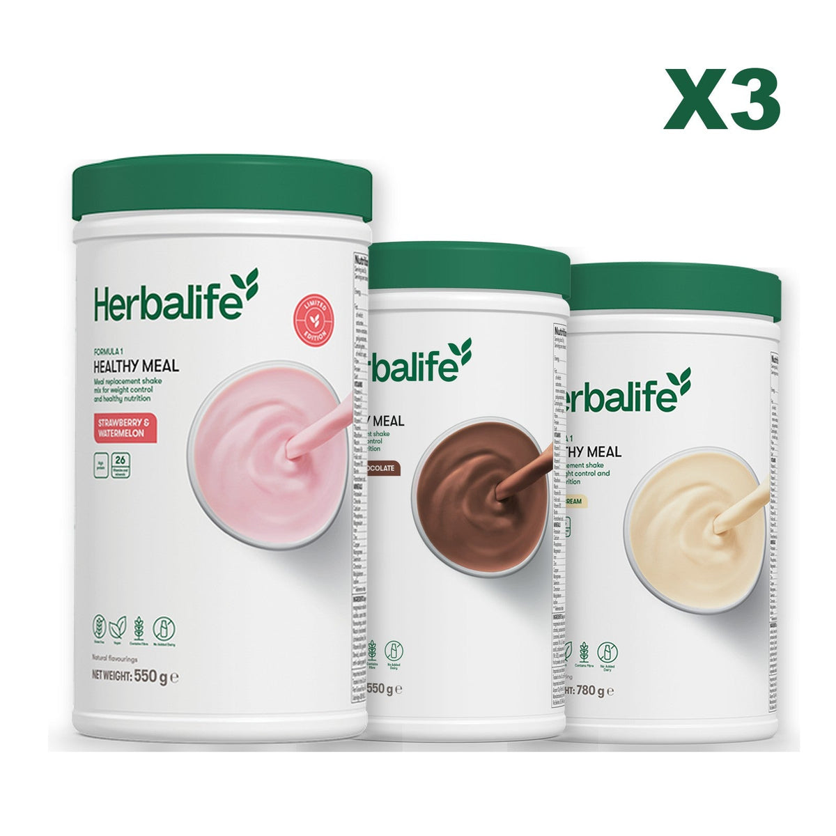 Formula 1 Strawberry Watermelon meal shake tub shown with two further Formula 1 tubs, Chocolate / Vanilla (Large 780g)