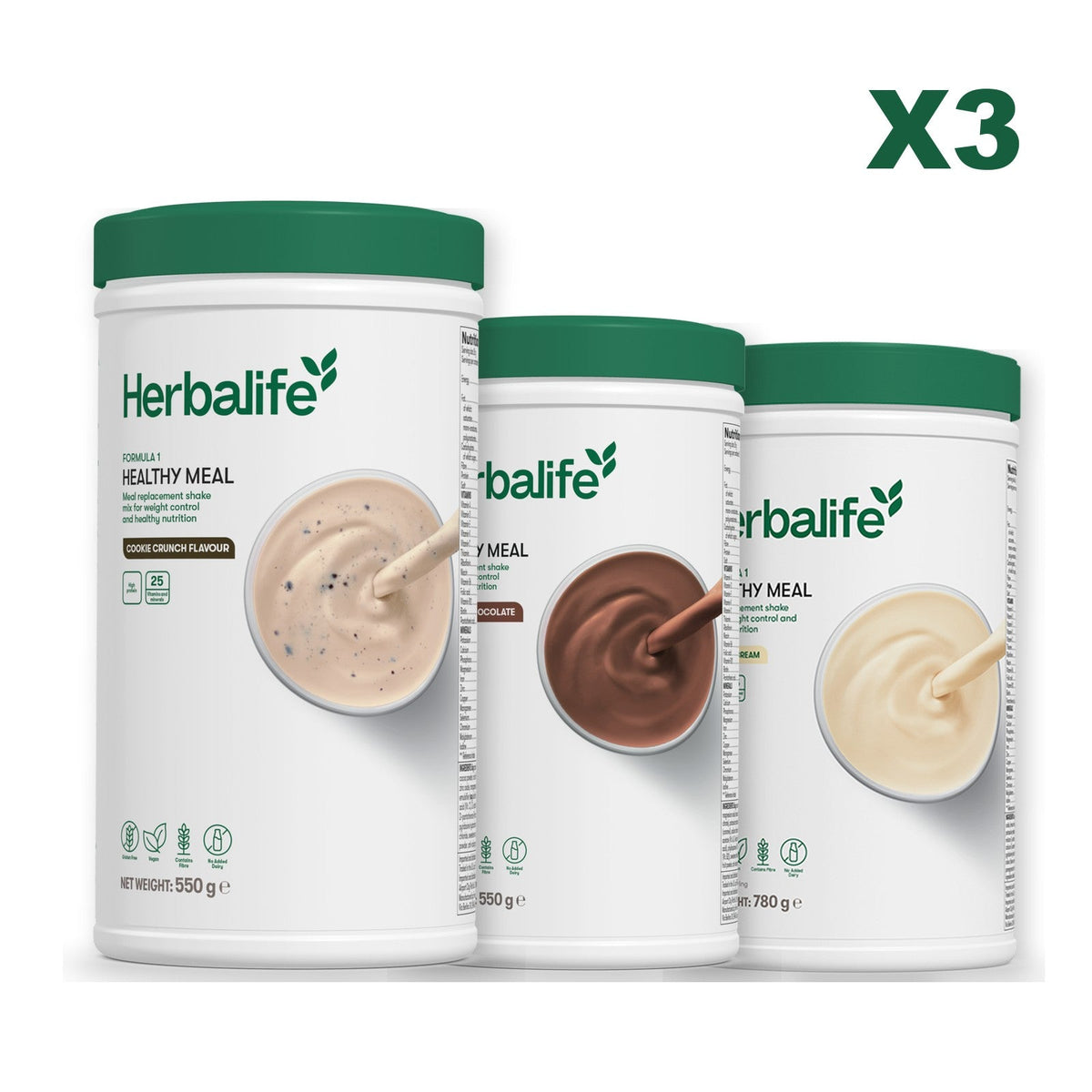 Three Formula 1 shake tubs led by Cookie Crunch, plus two flavours you choose, Chocolate / Vanilla (Large 780g)
