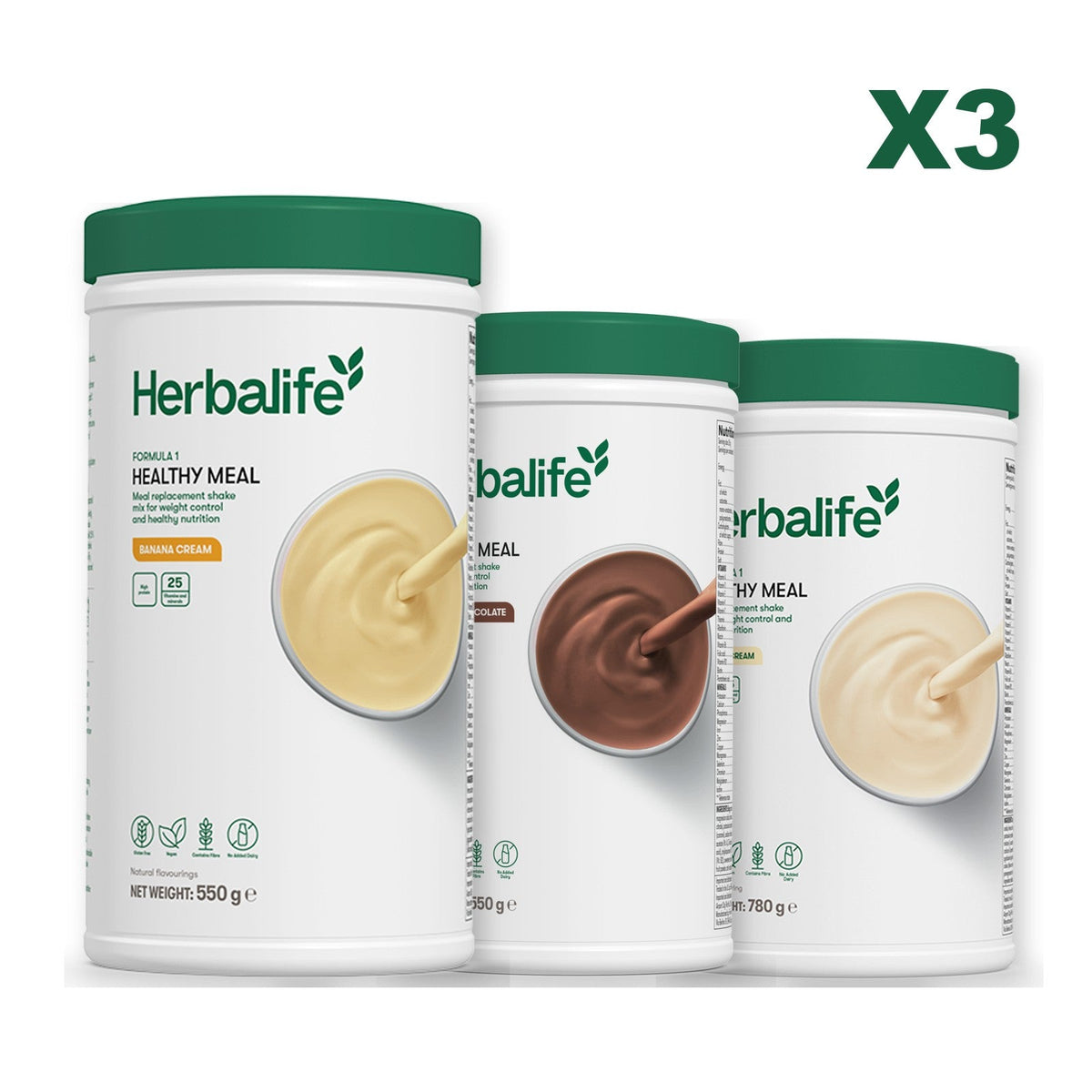 Three Formula 1 shake tubs led by Banana Cream, plus two flavours you choose, Chocolate / Vanilla (Large 780g)