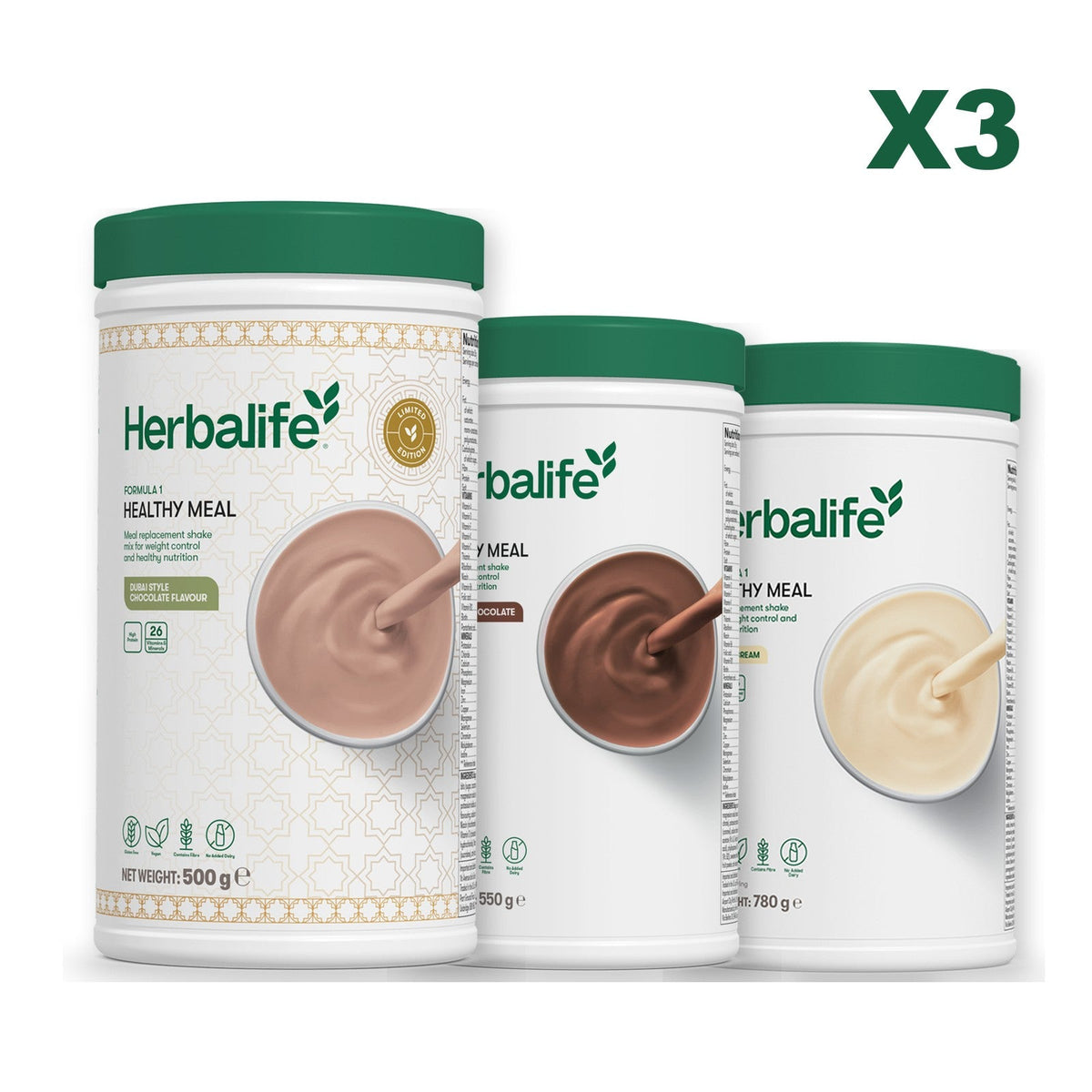 Formula 1 Dubai Style Chocolate meal shake tub shown with two further Formula 1 tubs, Chocolate / Vanilla (Large 780g)