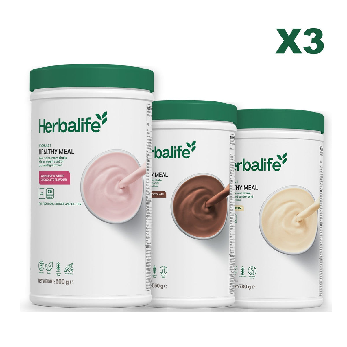 Three Formula 1 shake tubs led by Free From Raspberry and White Chocolate, plus two flavours you choose, Chocolate / Vanilla (Large 780g)