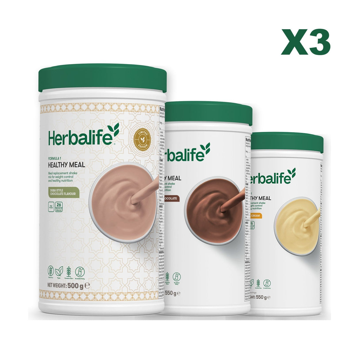 Formula 1 Dubai Style Chocolate meal shake tub shown with two further Formula 1 tubs, Chocolate / Banana Cream