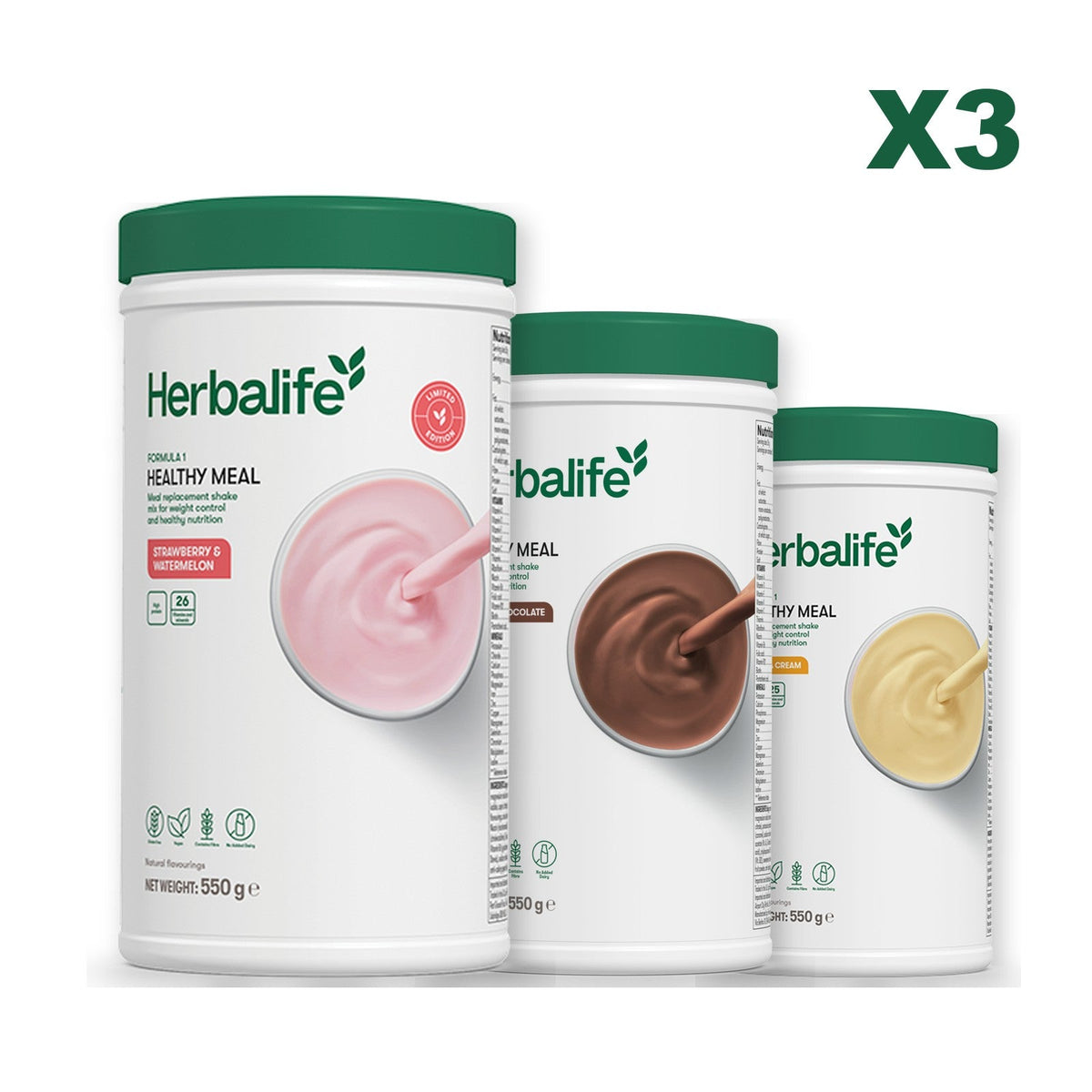 Formula 1 Strawberry Watermelon meal shake tub shown with two further Formula 1 tubs, Chocolate / Banana Cream