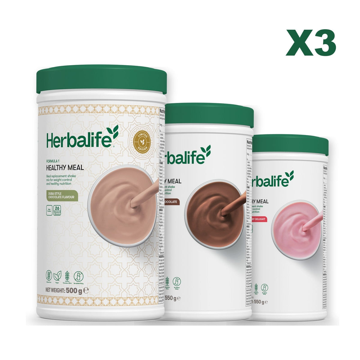 Formula 1 Dubai Style Chocolate meal shake tub shown with two further Formula 1 tubs, Chocolate / Strawberry