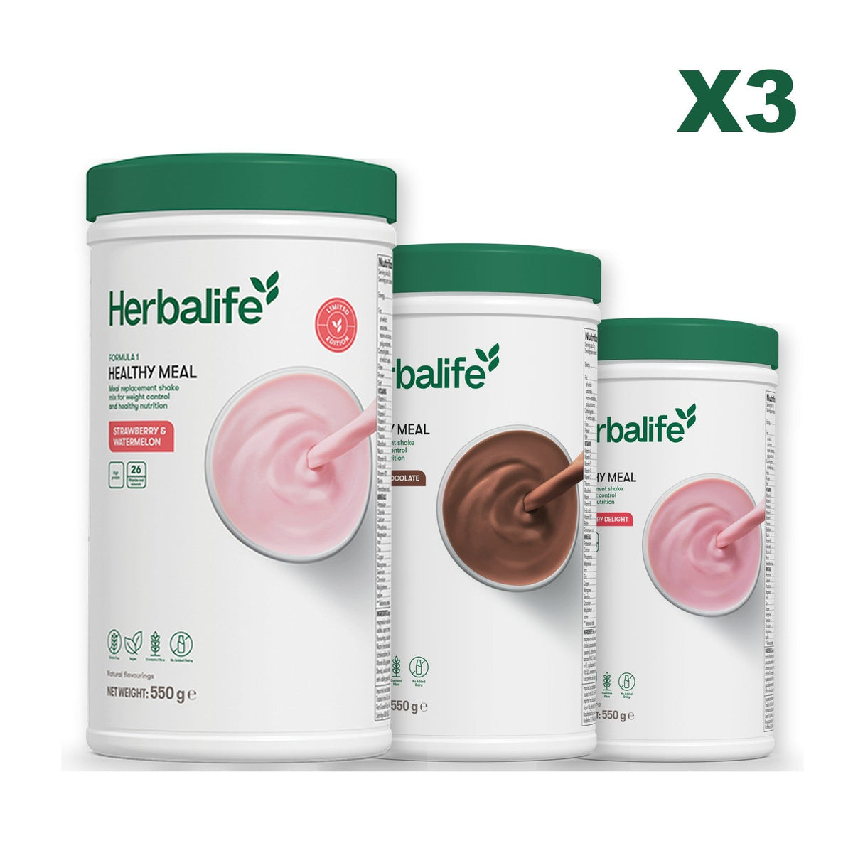 Formula 1 Strawberry Watermelon meal shake tub shown with two further Formula 1 tubs, Chocolate / Strawberry