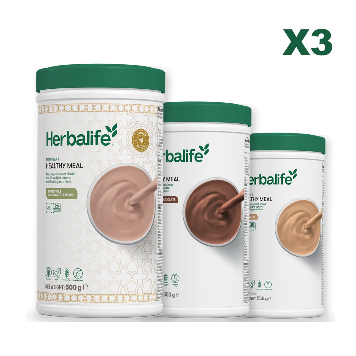 Formula 1 Dubai Style Chocolate meal shake tub shown with two further Formula 1 tubs, Chocolate / Cafe Latte