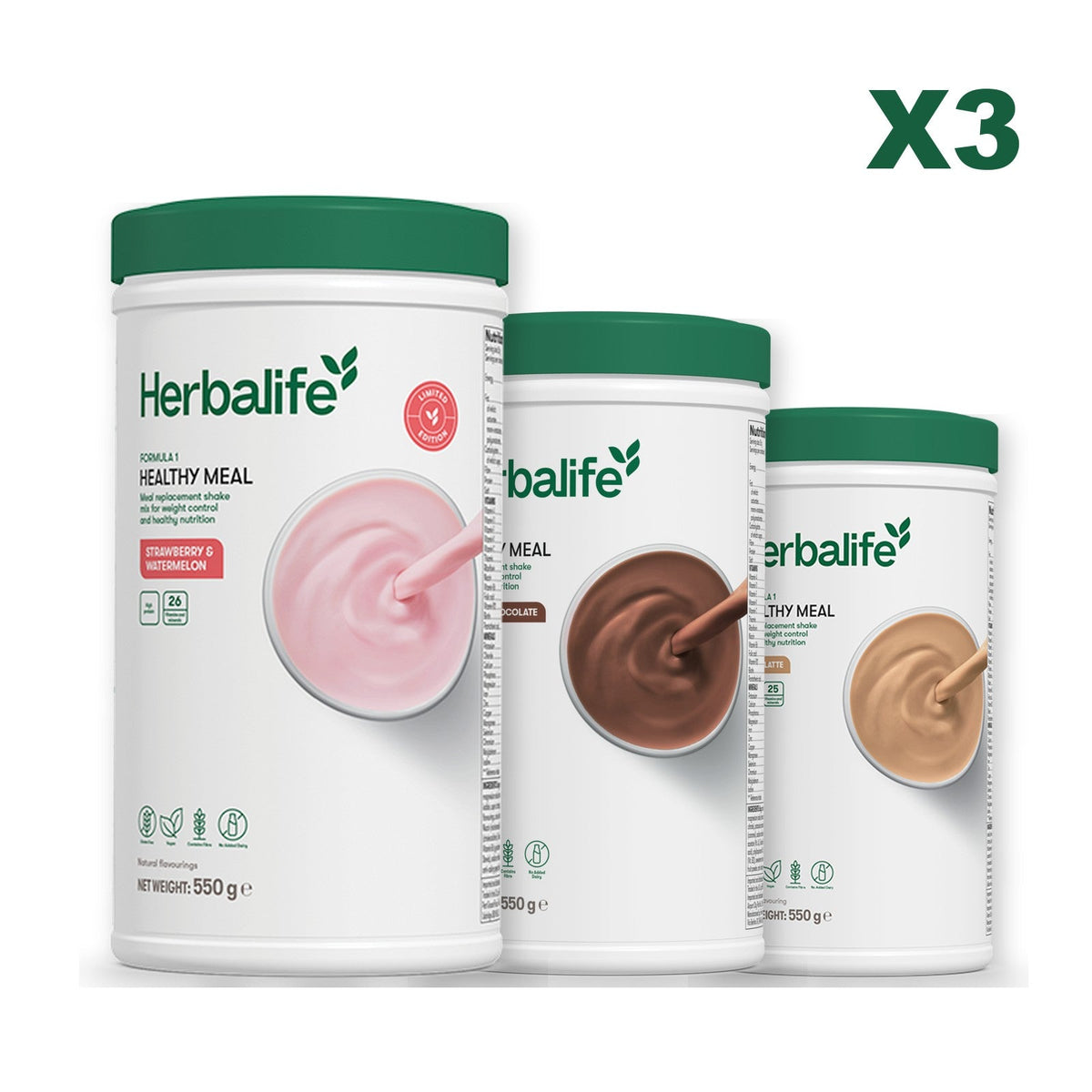 Formula 1 Strawberry Watermelon meal shake tub shown with two further Formula 1 tubs, Chocolate / Cafe Latte