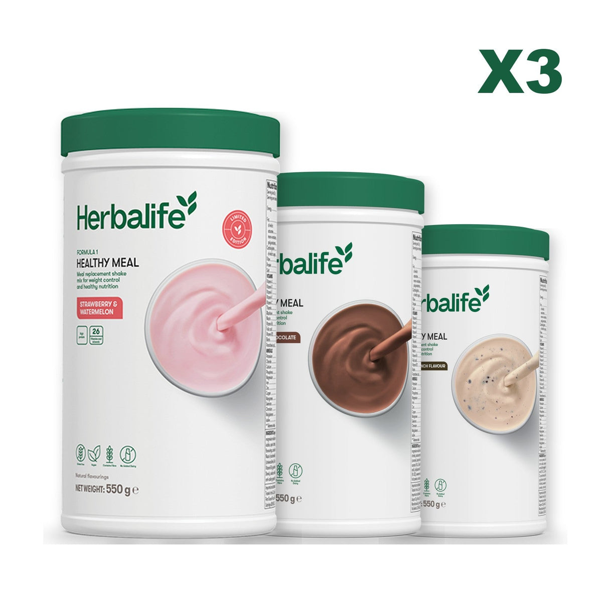 Formula 1 Strawberry Watermelon meal shake tub shown with two further Formula 1 tubs, Chocolate / Cookie Crunch