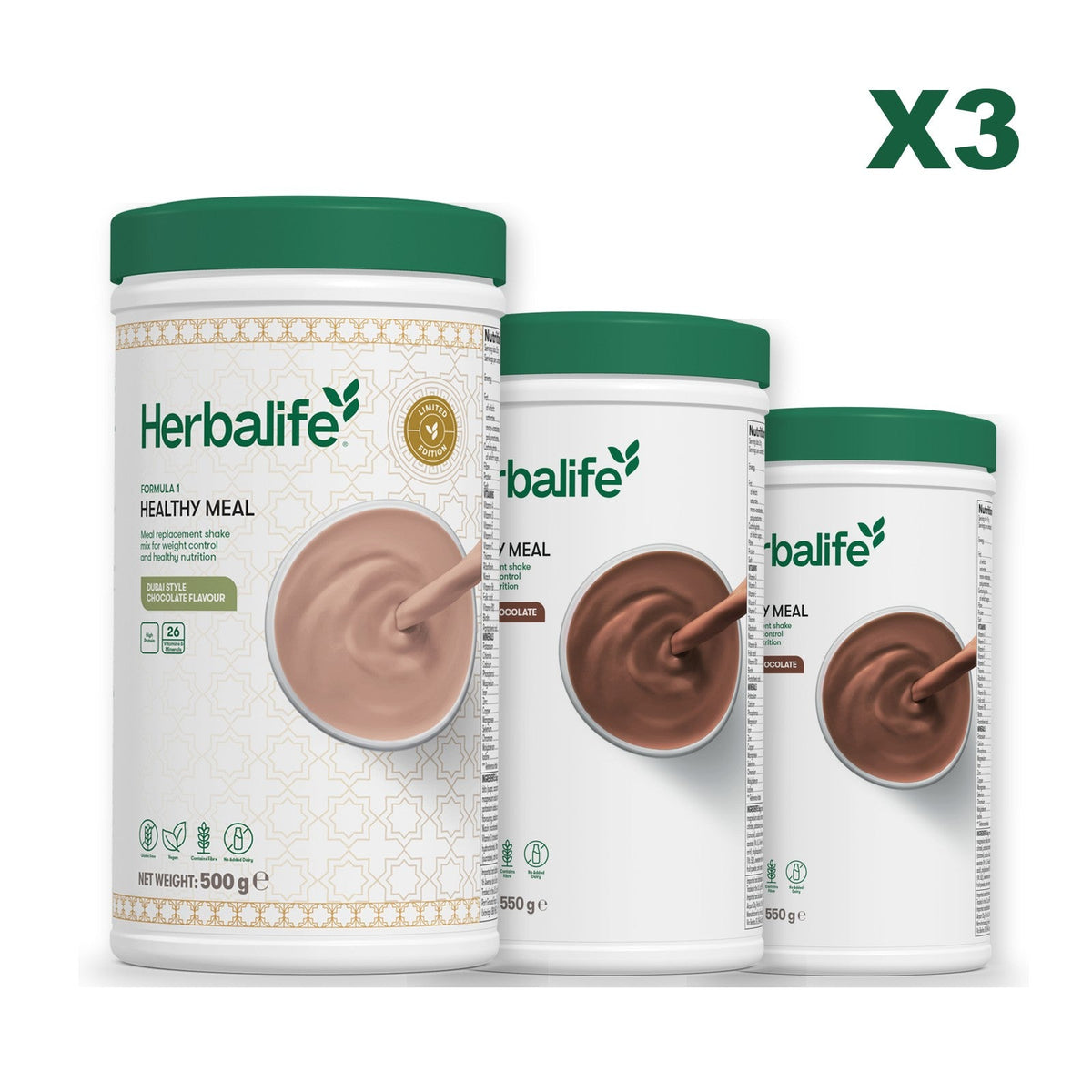 Formula 1 Dubai Style Chocolate meal shake tub shown with two further Formula 1 tubs, Chocolate / Chocolate