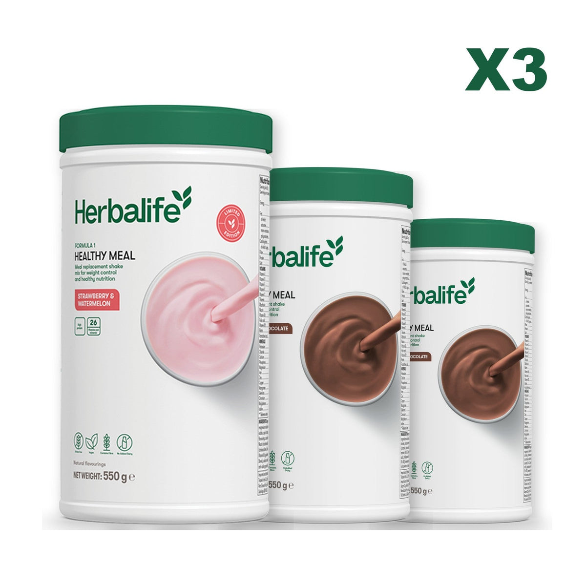 Formula 1 Strawberry Watermelon meal shake tub shown with two further Formula 1 tubs, Chocolate / Chocolate