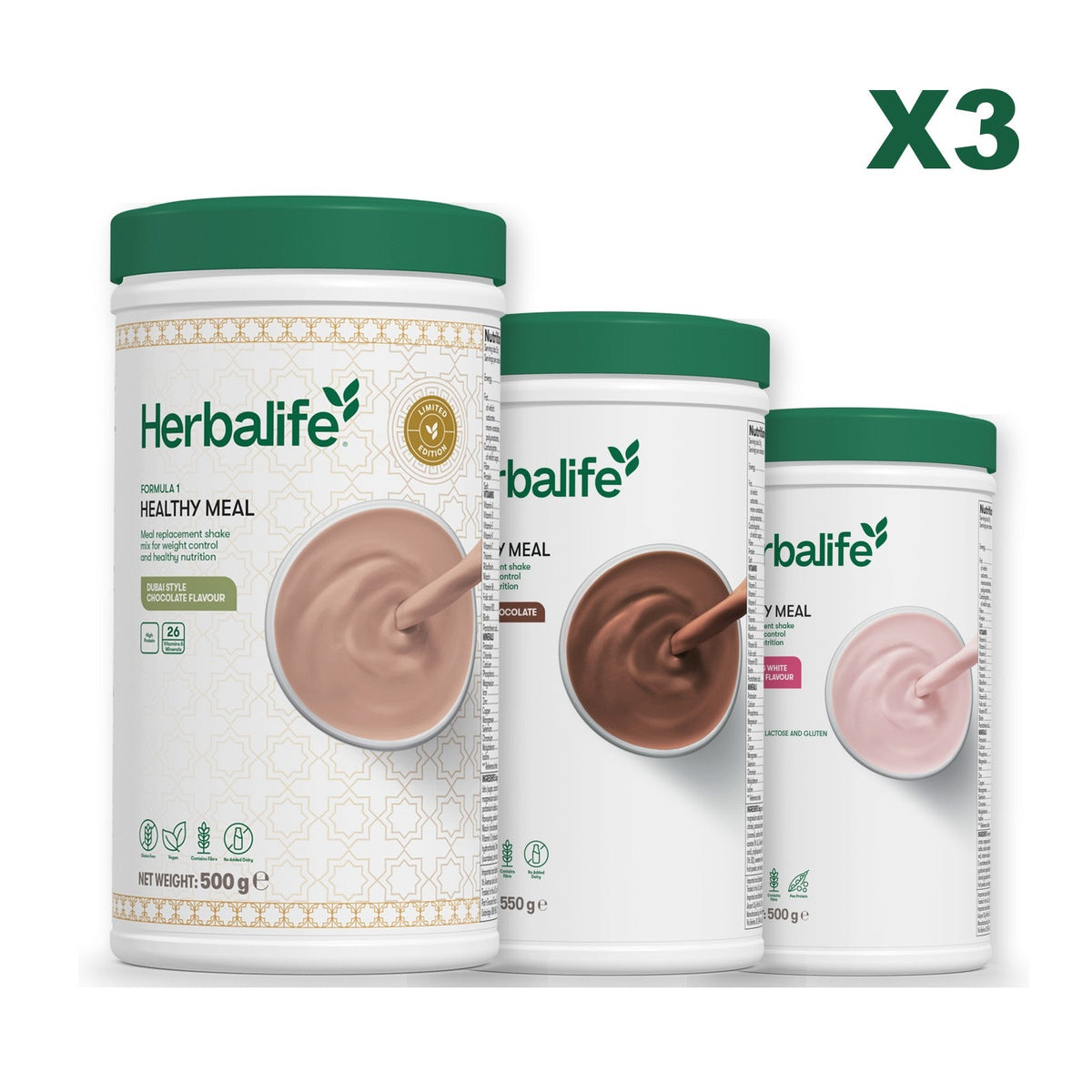 Formula 1 Dubai Style Chocolate meal shake tub shown with two further Formula 1 tubs, Chocolate / Free From Raspberry & White Chocolate