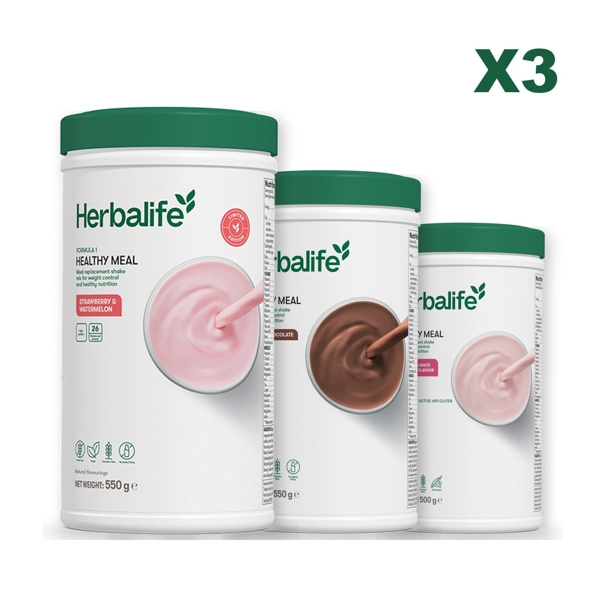 Formula 1 Strawberry Watermelon meal shake tub shown with two further Formula 1 tubs, Chocolate / Free From Raspberry & White Chocolate