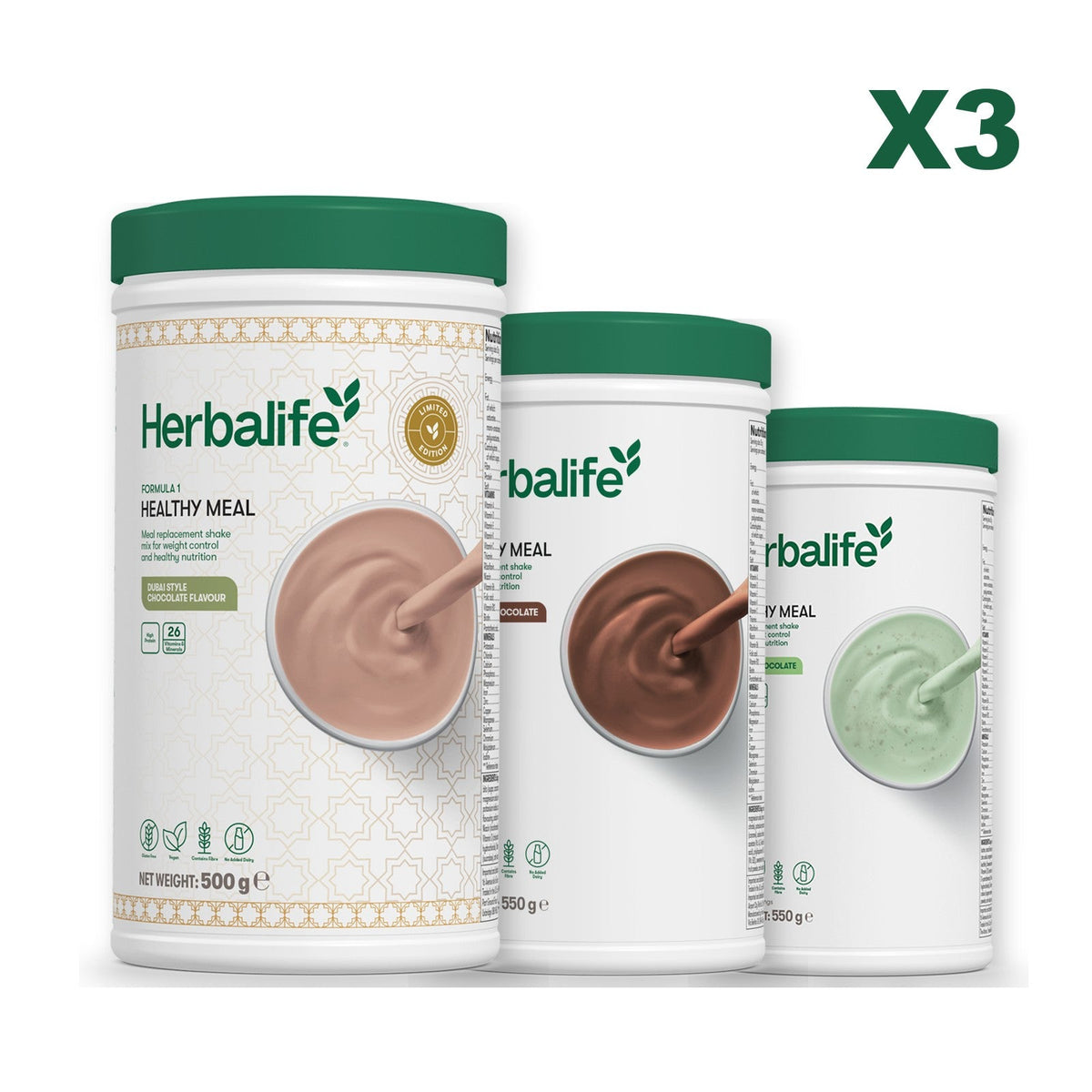 Formula 1 Dubai Style Chocolate meal shake tub shown with two further Formula 1 tubs, Chocolate / Mint Chocolate