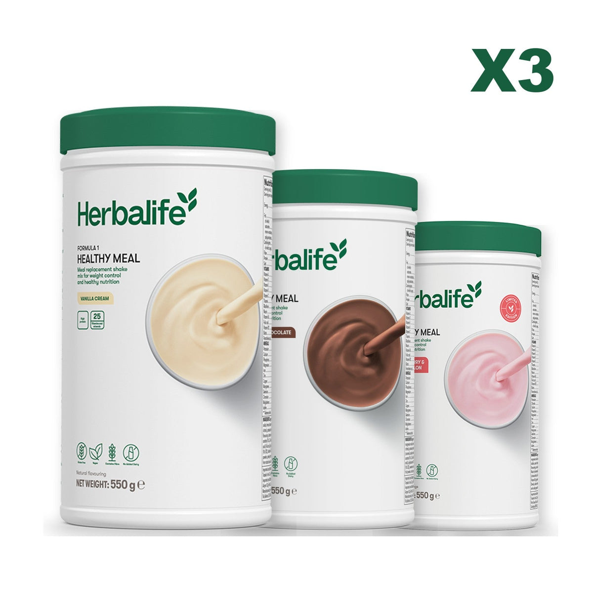 Three Formula 1 shake tubs led by Vanilla Cream, plus two flavours you choose, Chocolate / Strawberry Watermelon