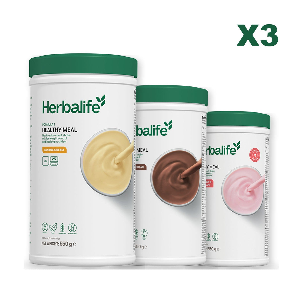 Three Formula 1 shake tubs led by Banana Cream, plus two flavours you choose, Chocolate / Strawberry Watermelon