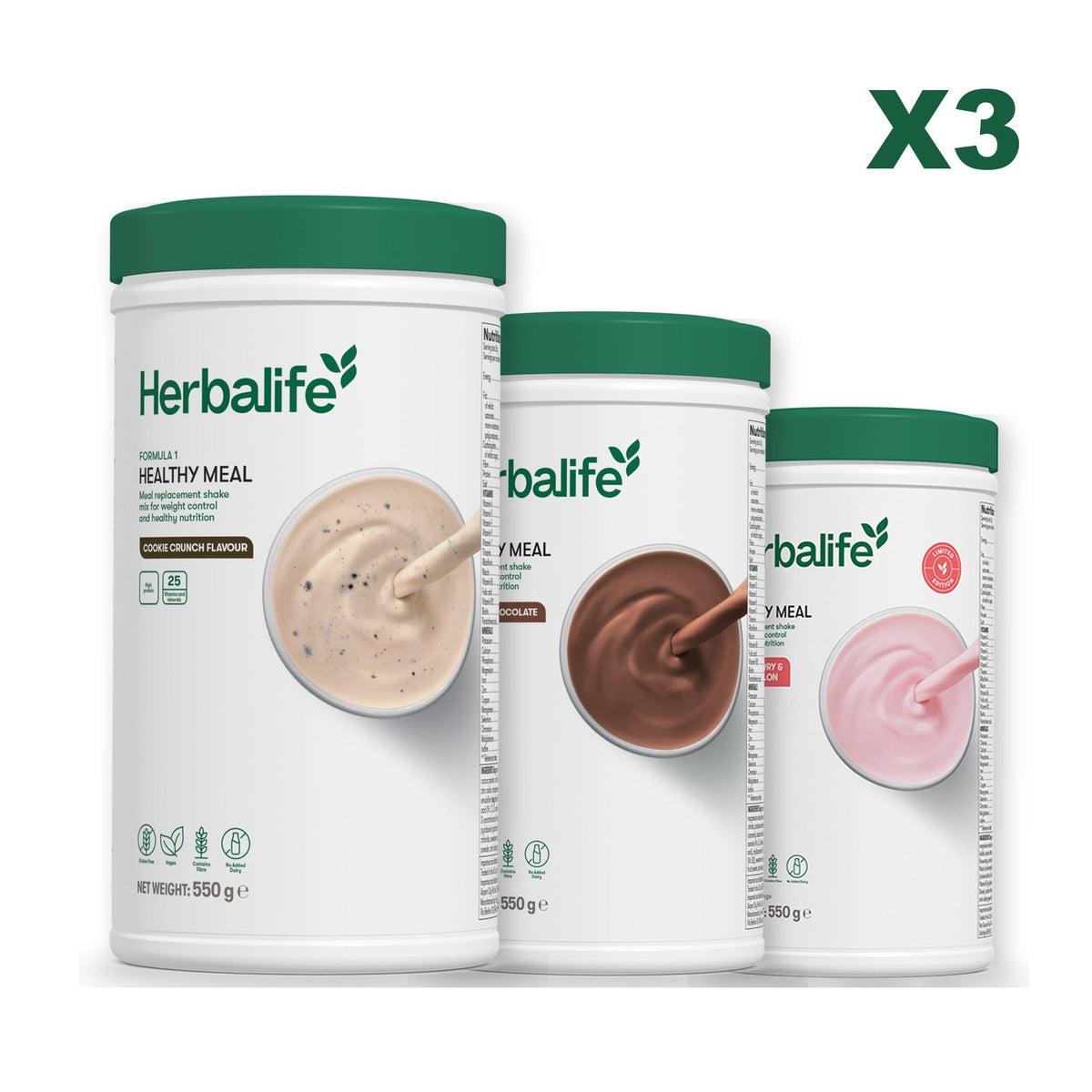 Three Formula 1 shake tubs led by Cookie Crunch, plus two flavours you choose, Chocolate / Strawberry Watermelon