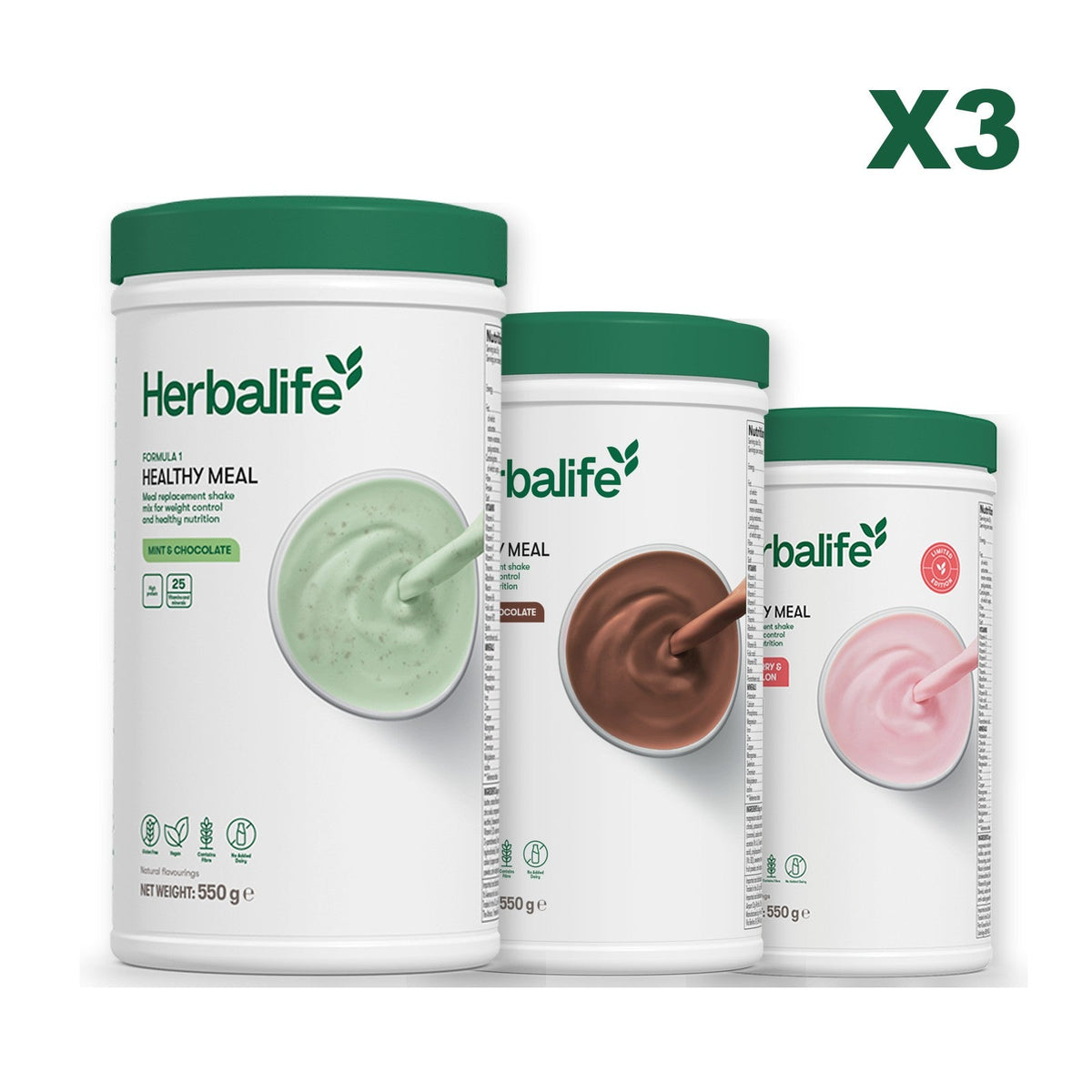 Three Formula 1 shake tubs led by Mint Chocolate, plus two flavours you choose, Chocolate / Strawberry Watermelon