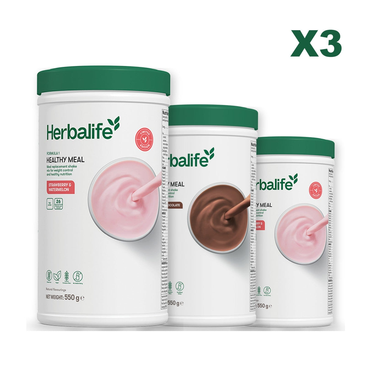 Formula 1 Strawberry Watermelon meal shake tub shown with two further Formula 1 tubs, Chocolate / Strawberry Watermelon