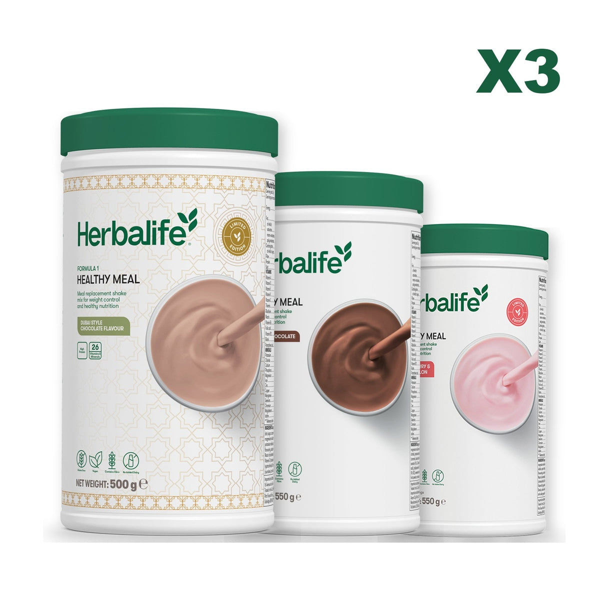 Formula 1 Dubai Style Chocolate meal shake tub shown with two further Formula 1 tubs, Chocolate / Strawberry Watermelon