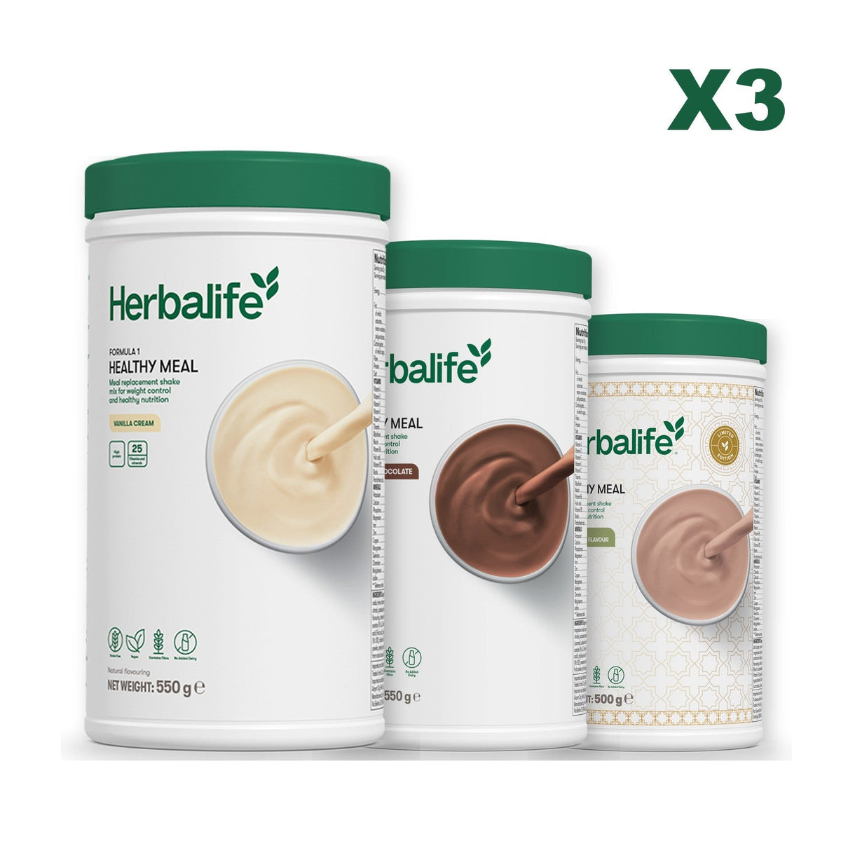 Three Formula 1 shake tubs led by Vanilla Cream, plus two flavours you choose, Chocolate / Dubai Style Chocolate