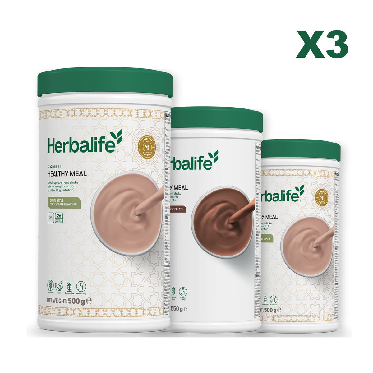 Formula 1 Dubai Style Chocolate meal shake tub shown with two further Formula 1 tubs, Chocolate / Dubai Style Chocolate