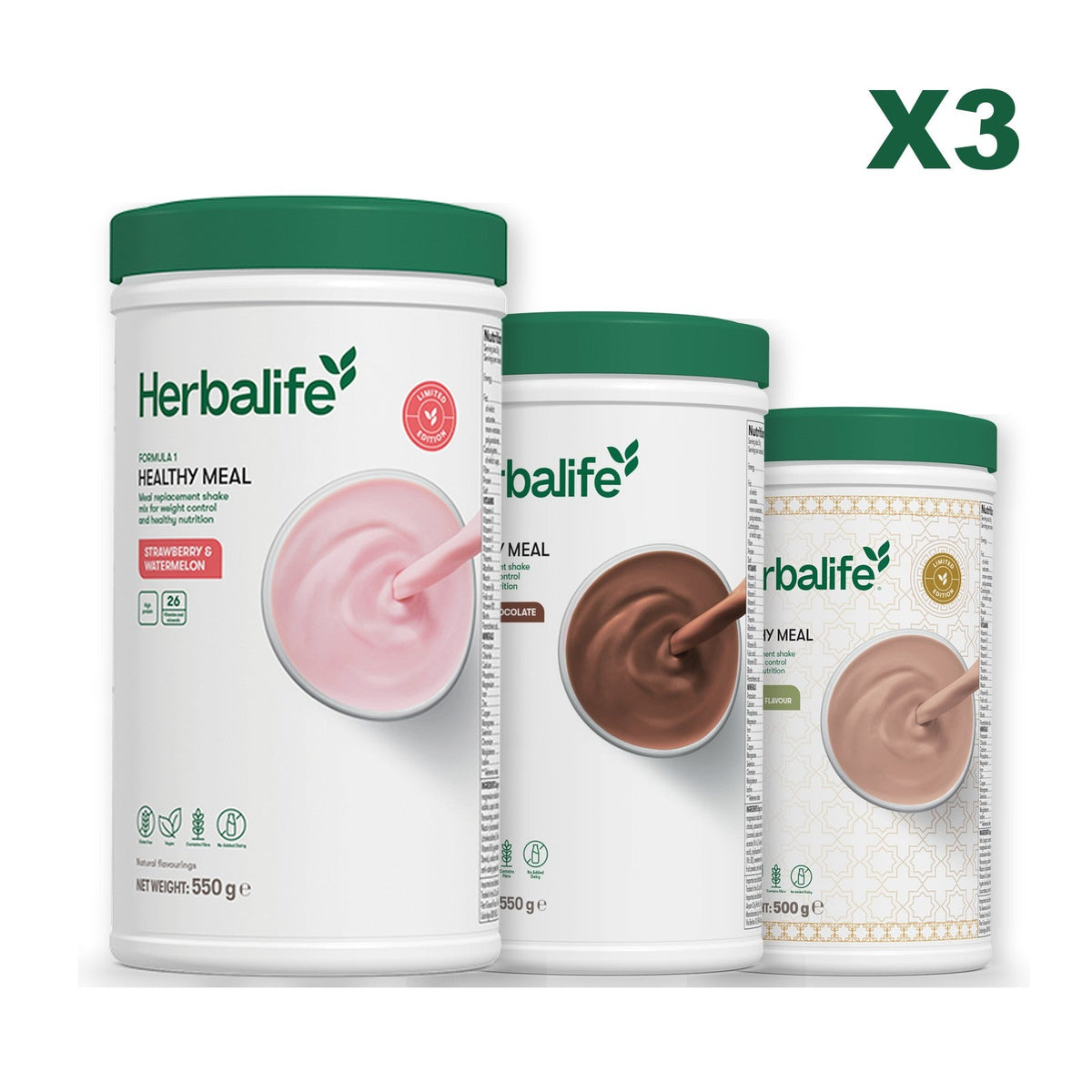Formula 1 Strawberry Watermelon meal shake tub shown with two further Formula 1 tubs, Chocolate / Dubai Style Chocolate