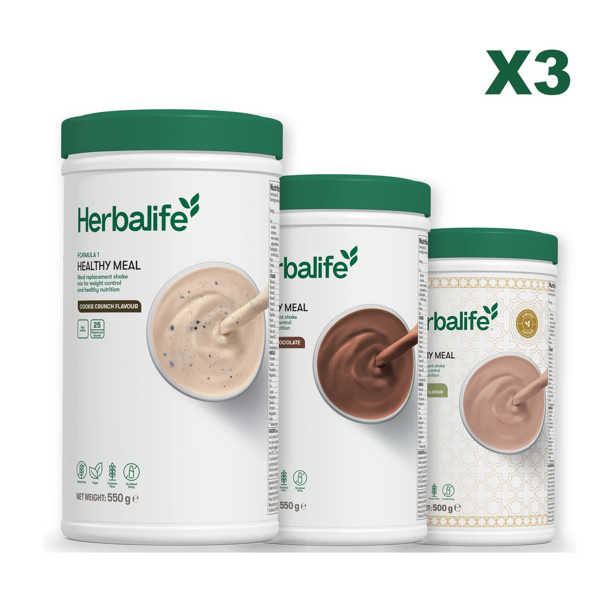 Three Formula 1 shake tubs led by Cookie Crunch, plus two flavours you choose, Chocolate / Dubai Style Chocolate