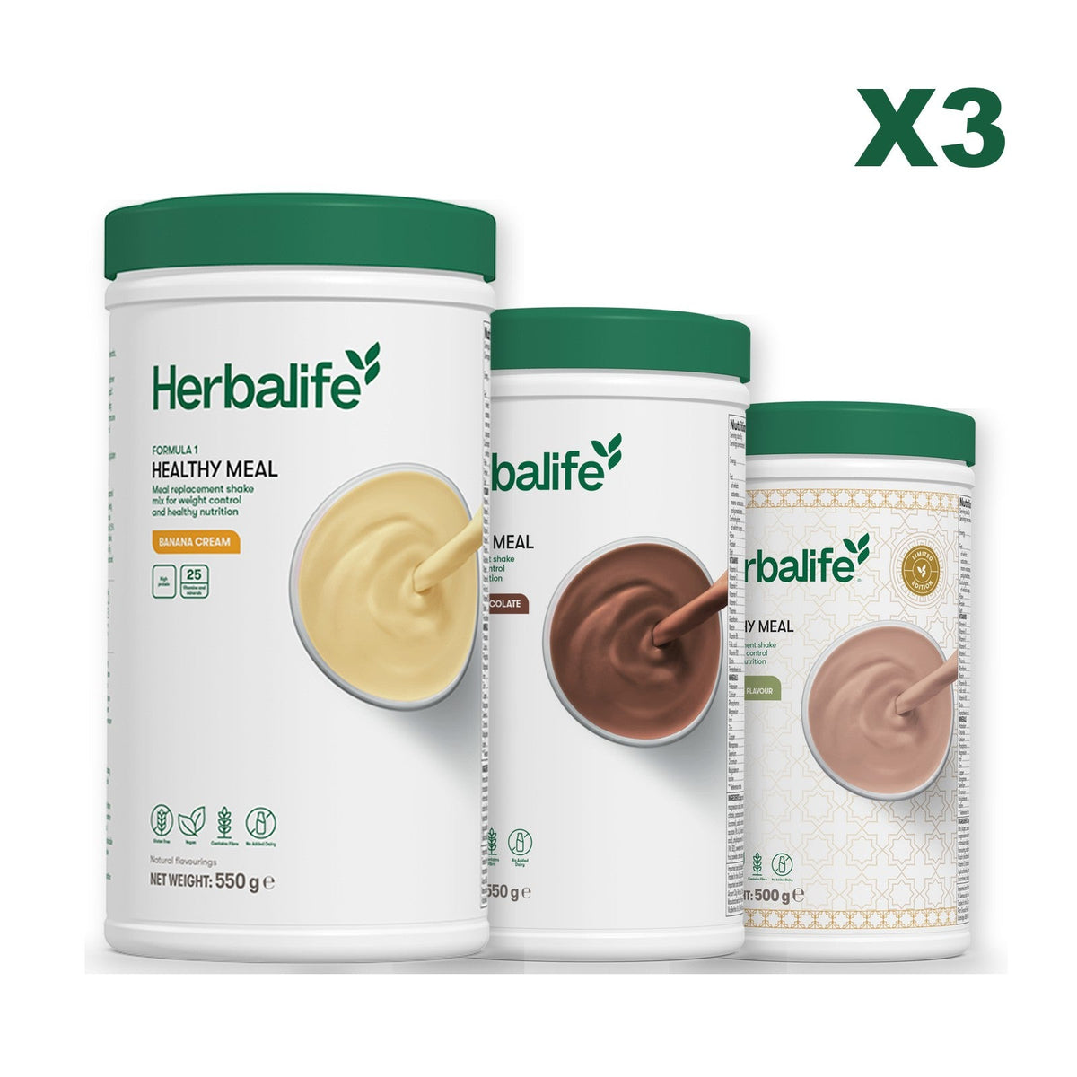 Three Formula 1 shake tubs led by Banana Cream, plus two flavours you choose, Chocolate / Dubai Style Chocolate