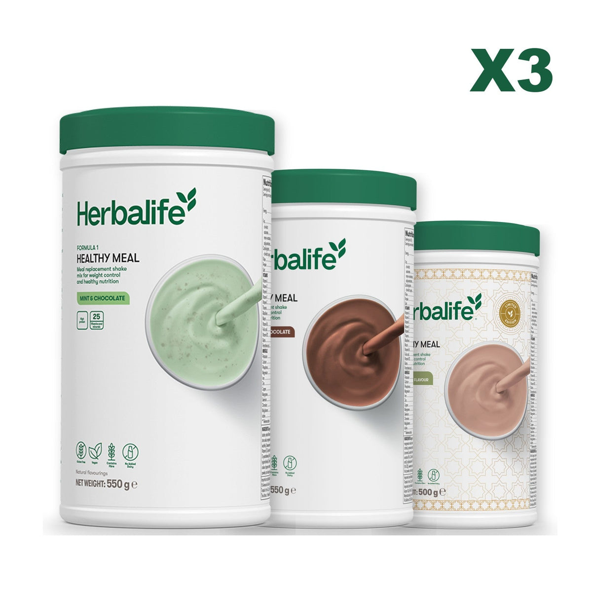 Three Formula 1 shake tubs led by Mint Chocolate, plus two flavours you choose, Chocolate / Dubai Style Chocolate