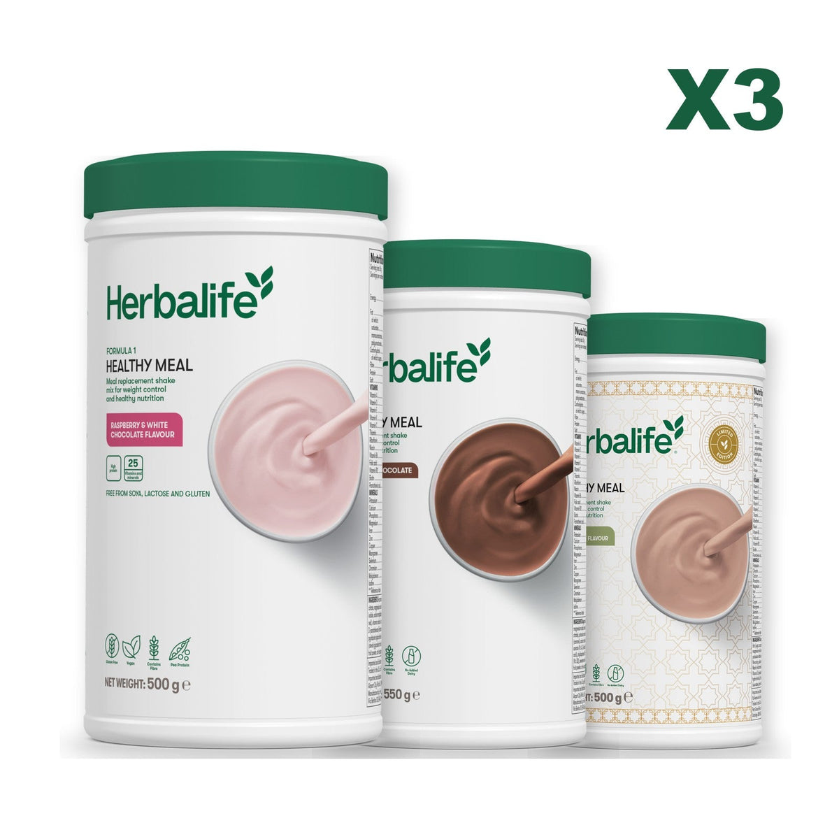 Three Formula 1 shake tubs led by Free From Raspberry and White Chocolate, plus two flavours you choose, Chocolate / Dubai Style Chocolate