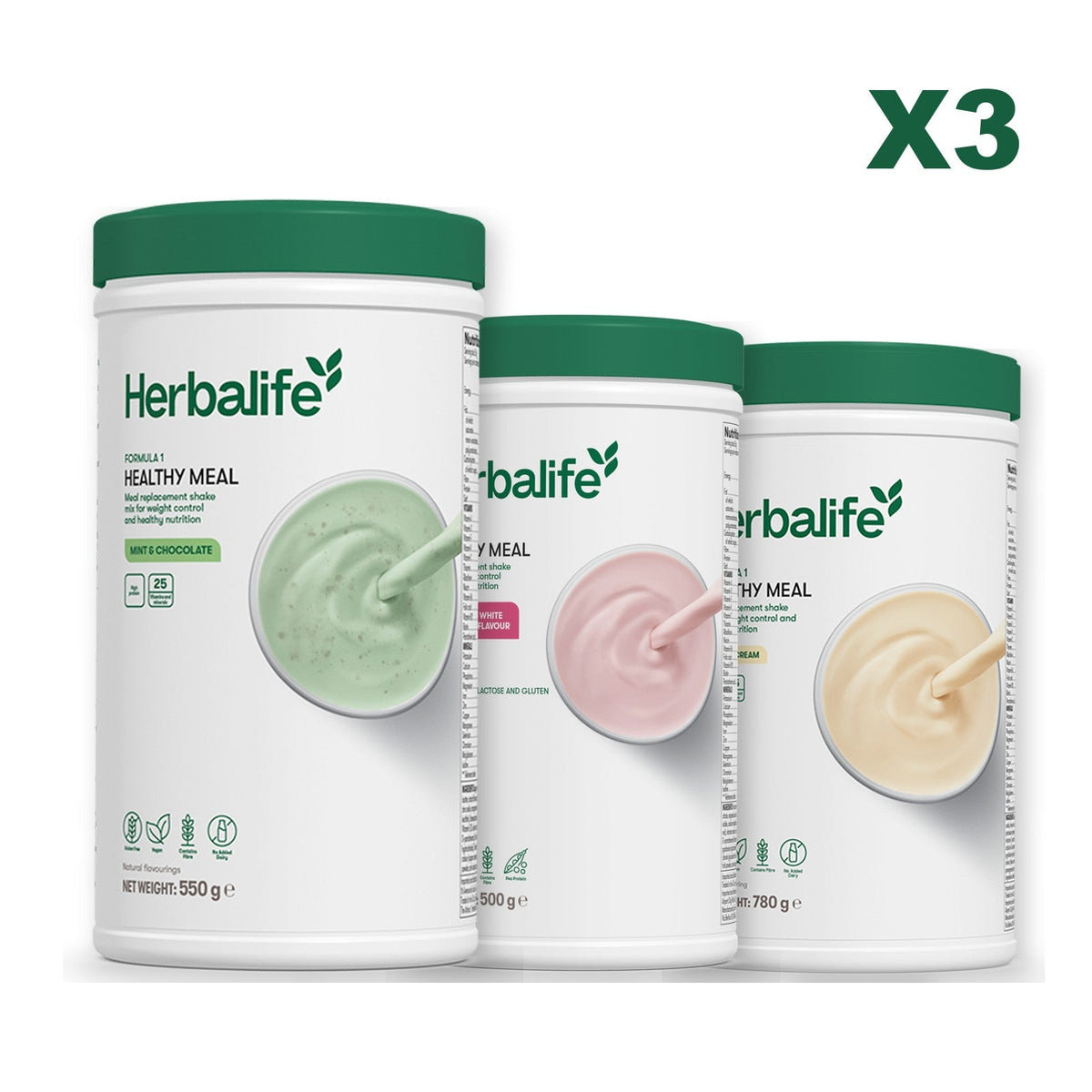 Three Formula 1 shake tubs led by Mint Chocolate, plus two flavours you choose, Free From Raspberry & White Chocolate / Vanilla (Large 780g)