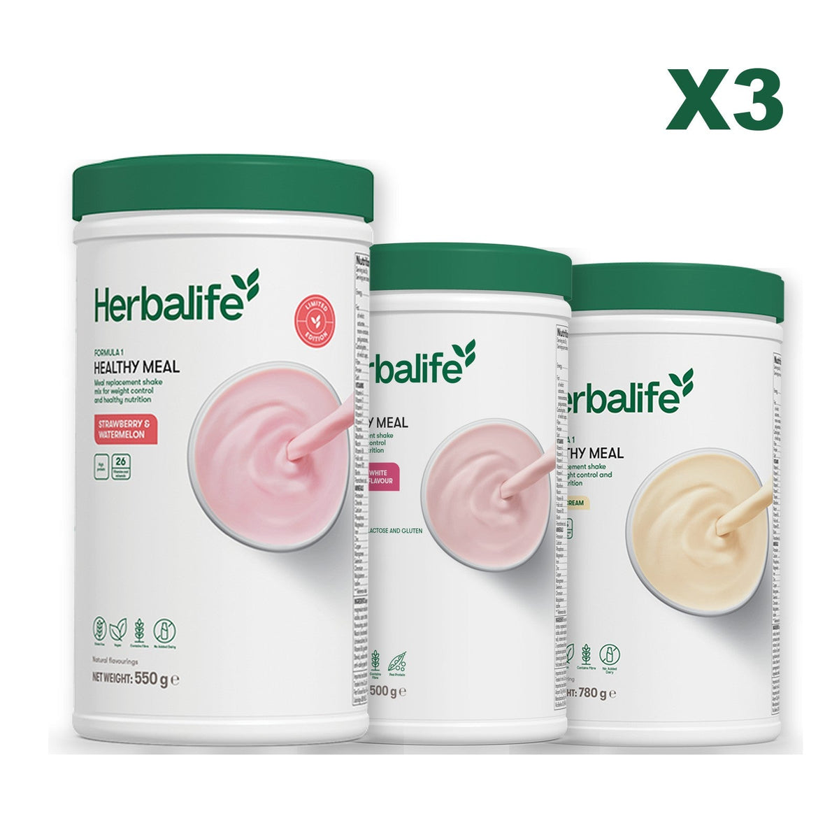 Formula 1 Strawberry Watermelon meal shake tub shown with two further Formula 1 tubs, Free From Raspberry & White Chocolate / Vanilla (Large 780g)
