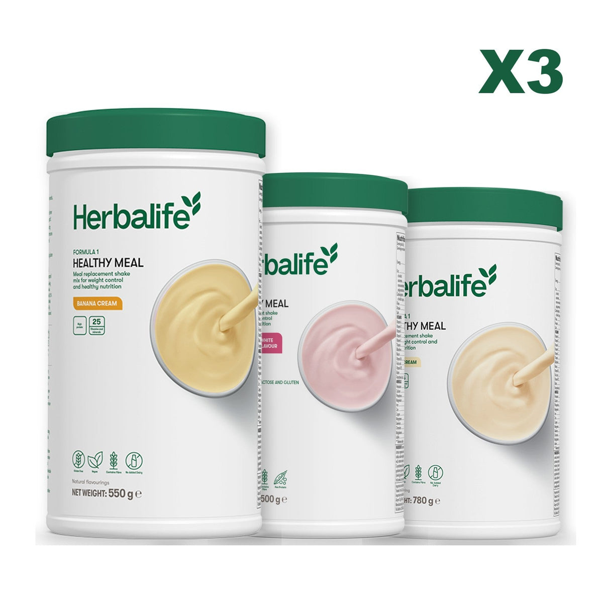 Three Formula 1 shake tubs led by Banana Cream, plus two flavours you choose, Free From Raspberry & White Chocolate / Vanilla (Large 780g)