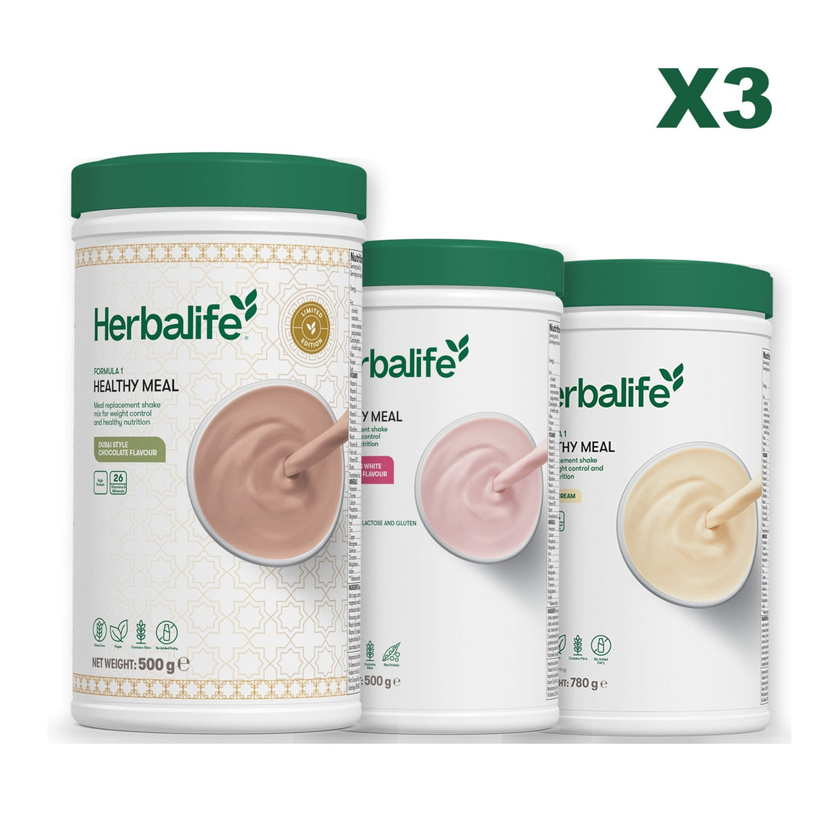 Formula 1 Dubai Style Chocolate meal shake tub shown with two further Formula 1 tubs, Free From Raspberry & White Chocolate / Vanilla (Large 780g)