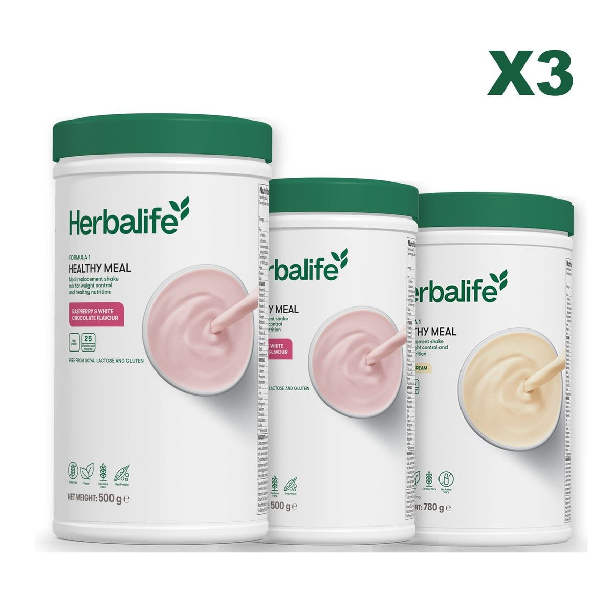 Three Formula 1 shake tubs led by Free From Raspberry and White Chocolate, plus two flavours you choose, Free From Raspberry & White Chocolate / Vanilla (Large 780g)