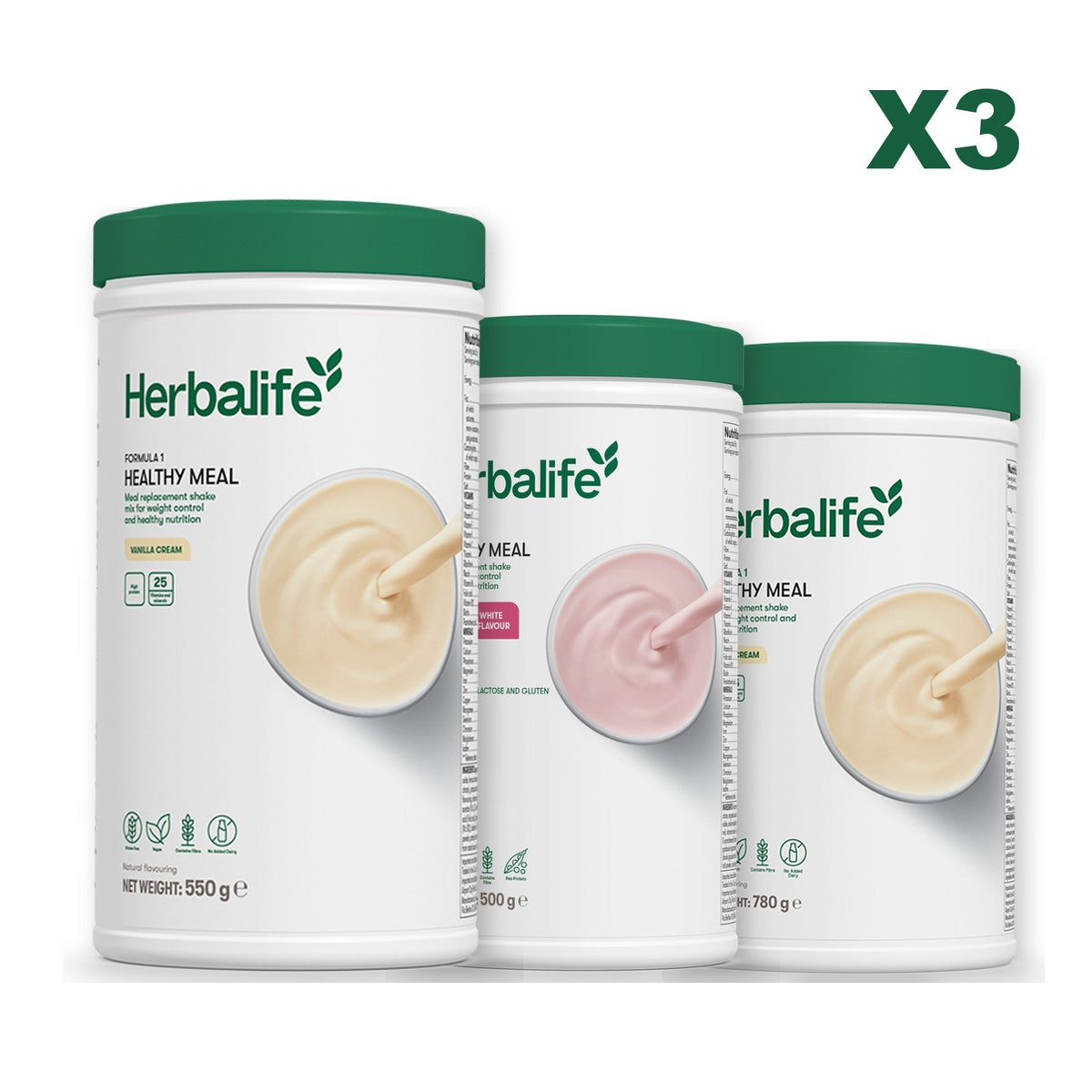 Three Formula 1 shake tubs led by Vanilla Cream, plus two flavours you choose, Free From Raspberry & White Chocolate / Vanilla (Large 780g)