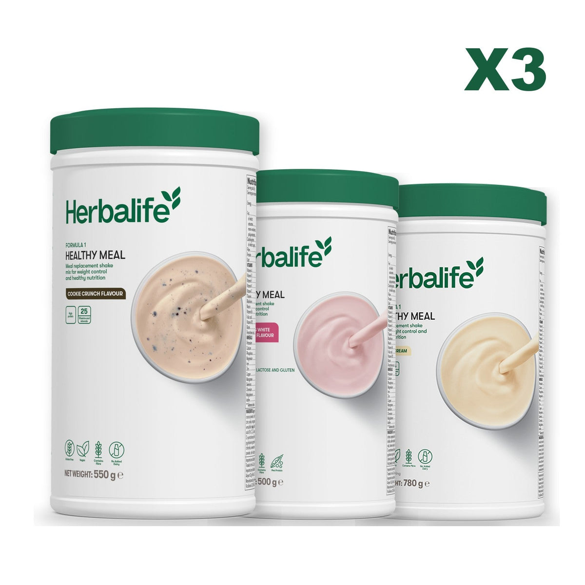 Three Formula 1 shake tubs led by Cookie Crunch, plus two flavours you choose, Free From Raspberry & White Chocolate / Vanilla (Large 780g)
