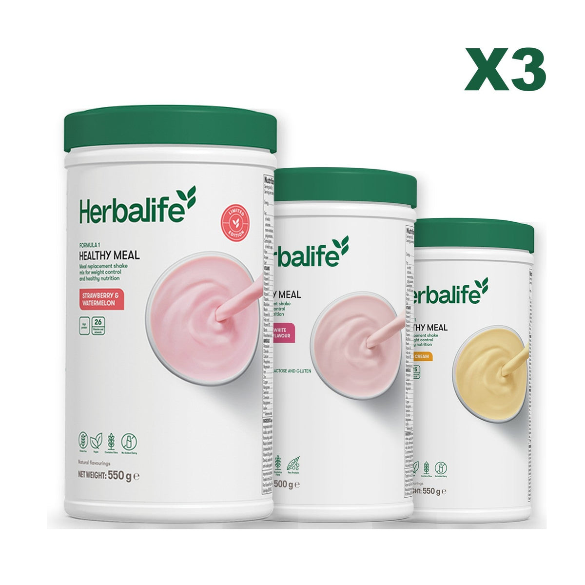Formula 1 Strawberry Watermelon meal shake tub shown with two further Formula 1 tubs, Free From Raspberry & White Chocolate / Banana Cream