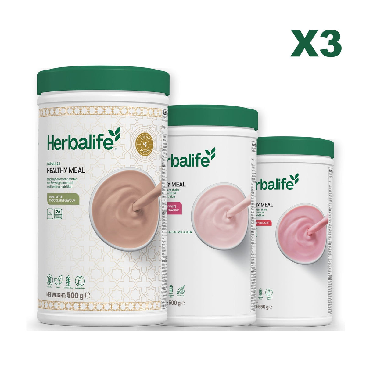 Formula 1 Dubai Style Chocolate meal shake tub shown with two further Formula 1 tubs, Free From Raspberry & White Chocolate / Strawberry