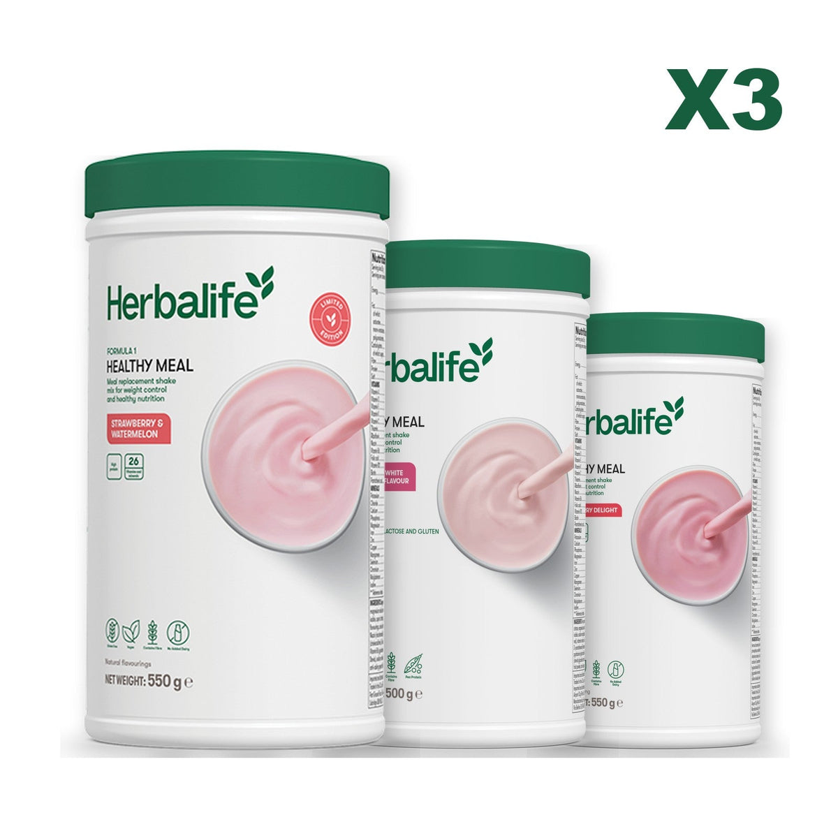 Formula 1 Strawberry Watermelon meal shake tub shown with two further Formula 1 tubs, Free From Raspberry & White Chocolate / Strawberry