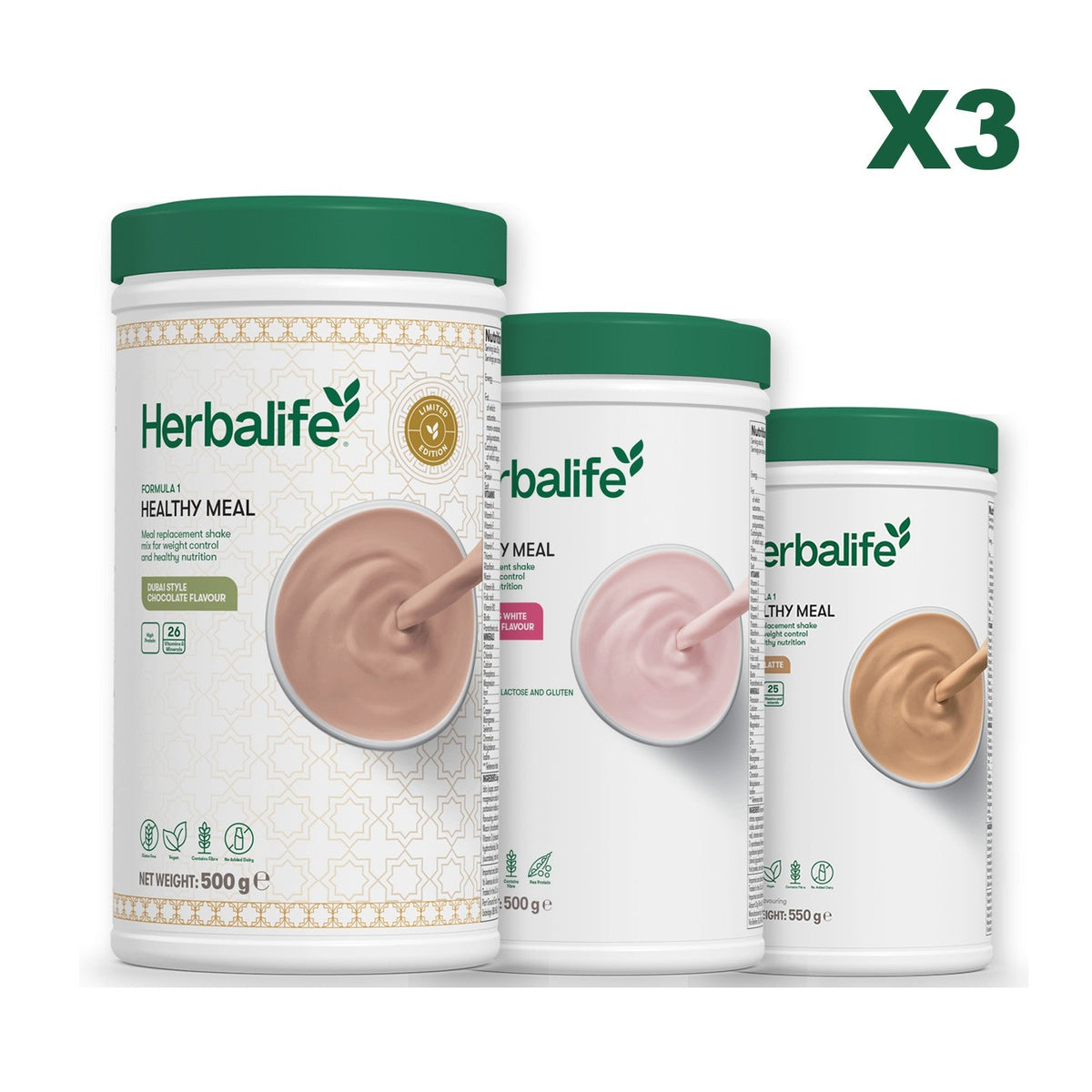 Formula 1 Dubai Style Chocolate meal shake tub shown with two further Formula 1 tubs, Free From Raspberry & White Chocolate / Cafe Latte
