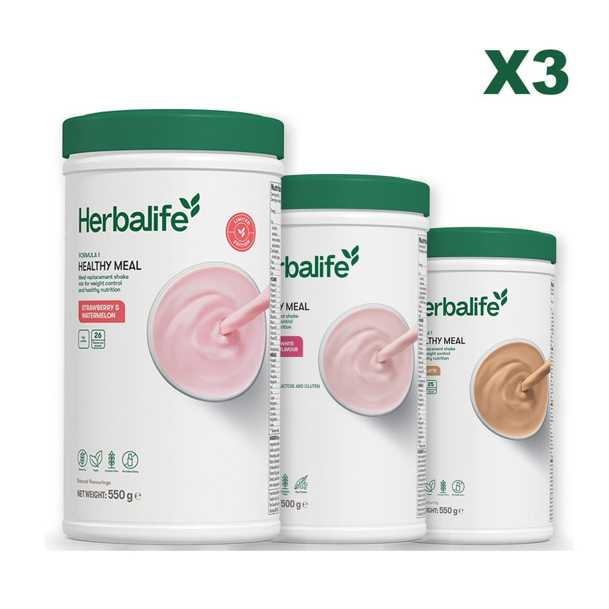 Formula 1 Strawberry Watermelon meal shake tub shown with two further Formula 1 tubs, Free From Raspberry & White Chocolate / Cafe Latte