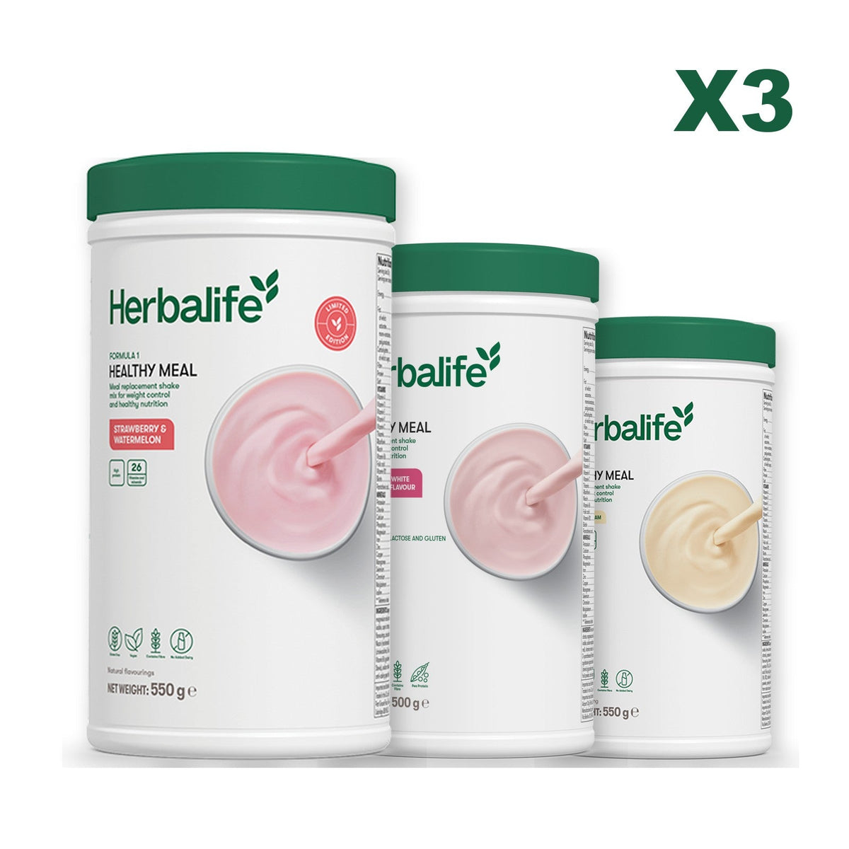Formula 1 Strawberry Watermelon meal shake tub shown with two further Formula 1 tubs, Free From Raspberry & White Chocolate / Vanilla