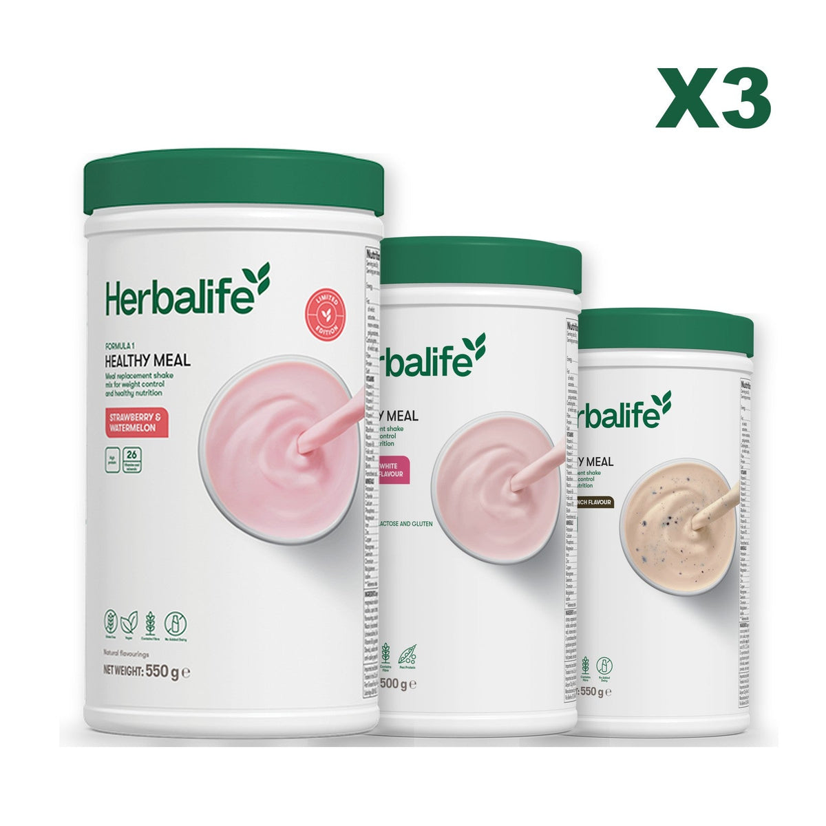 Formula 1 Strawberry Watermelon meal shake tub shown with two further Formula 1 tubs, Free From Raspberry & White Chocolate / Cookie Crunch