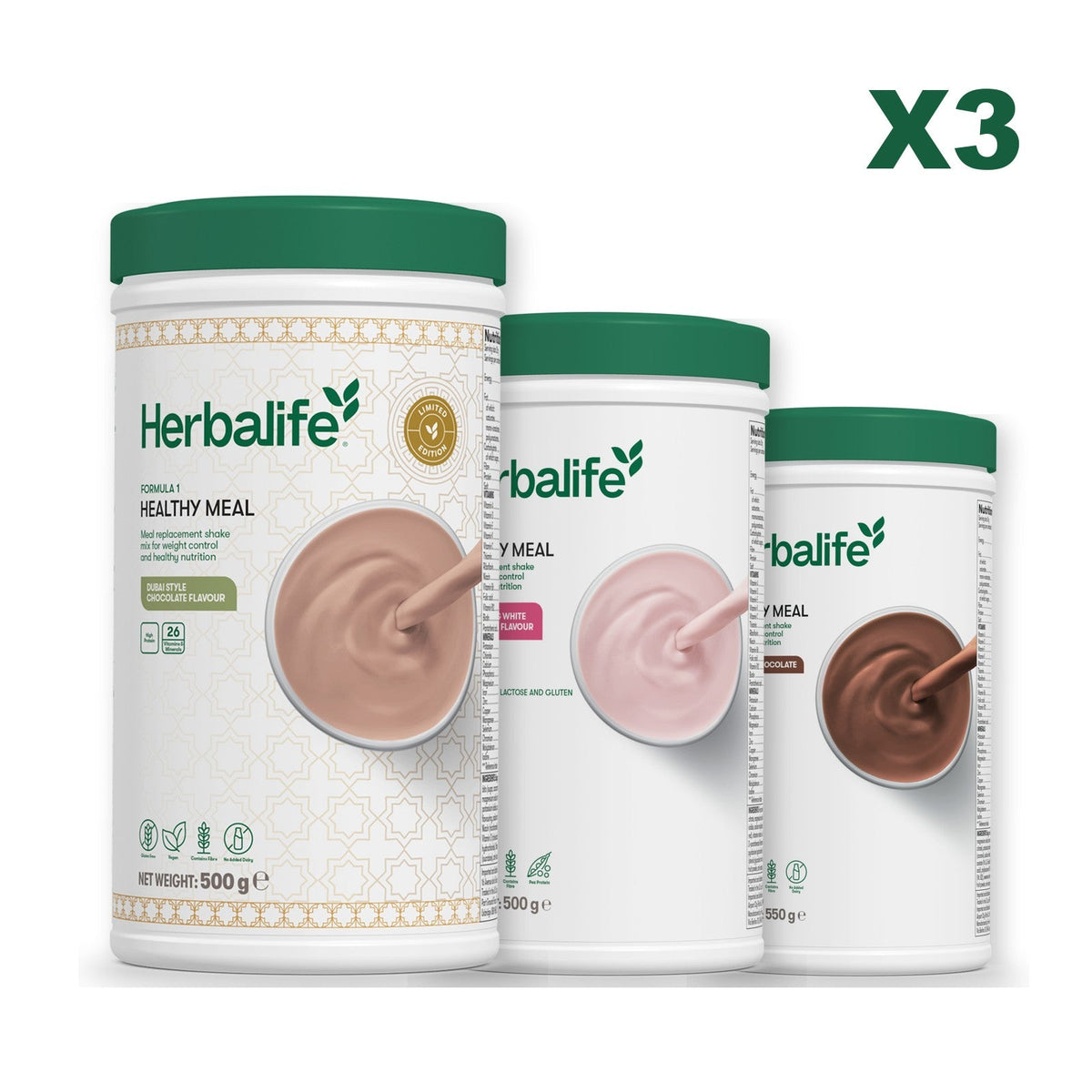Formula 1 Dubai Style Chocolate meal shake tub shown with two further Formula 1 tubs, Free From Raspberry & White Chocolate / Chocolate