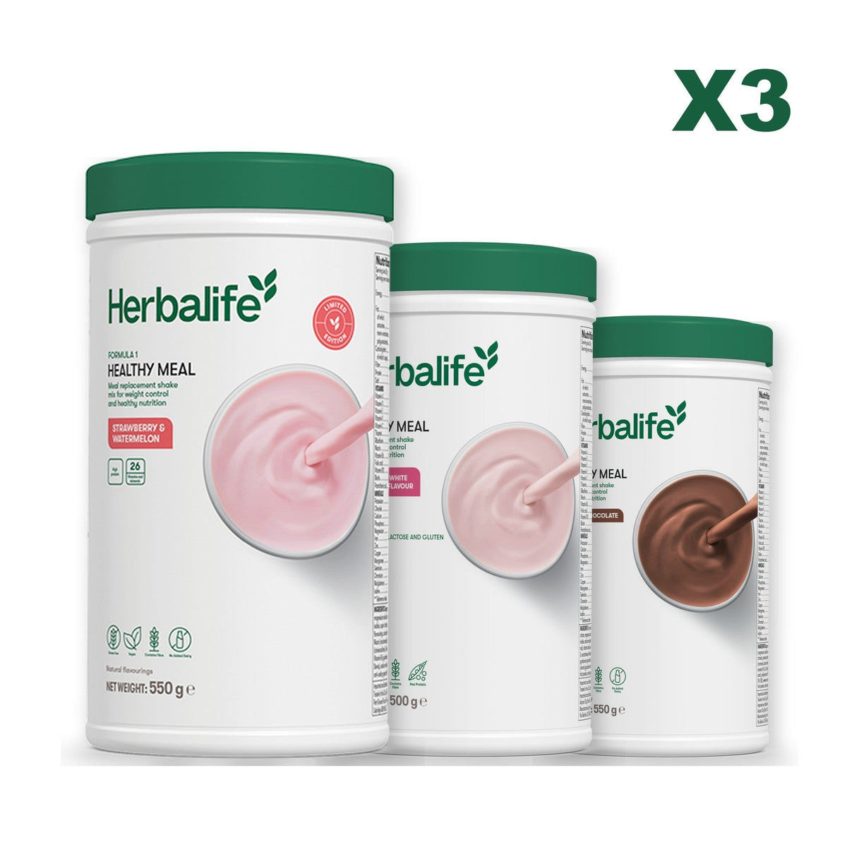 Formula 1 Strawberry Watermelon meal shake tub shown with two further Formula 1 tubs, Free From Raspberry & White Chocolate / Chocolate