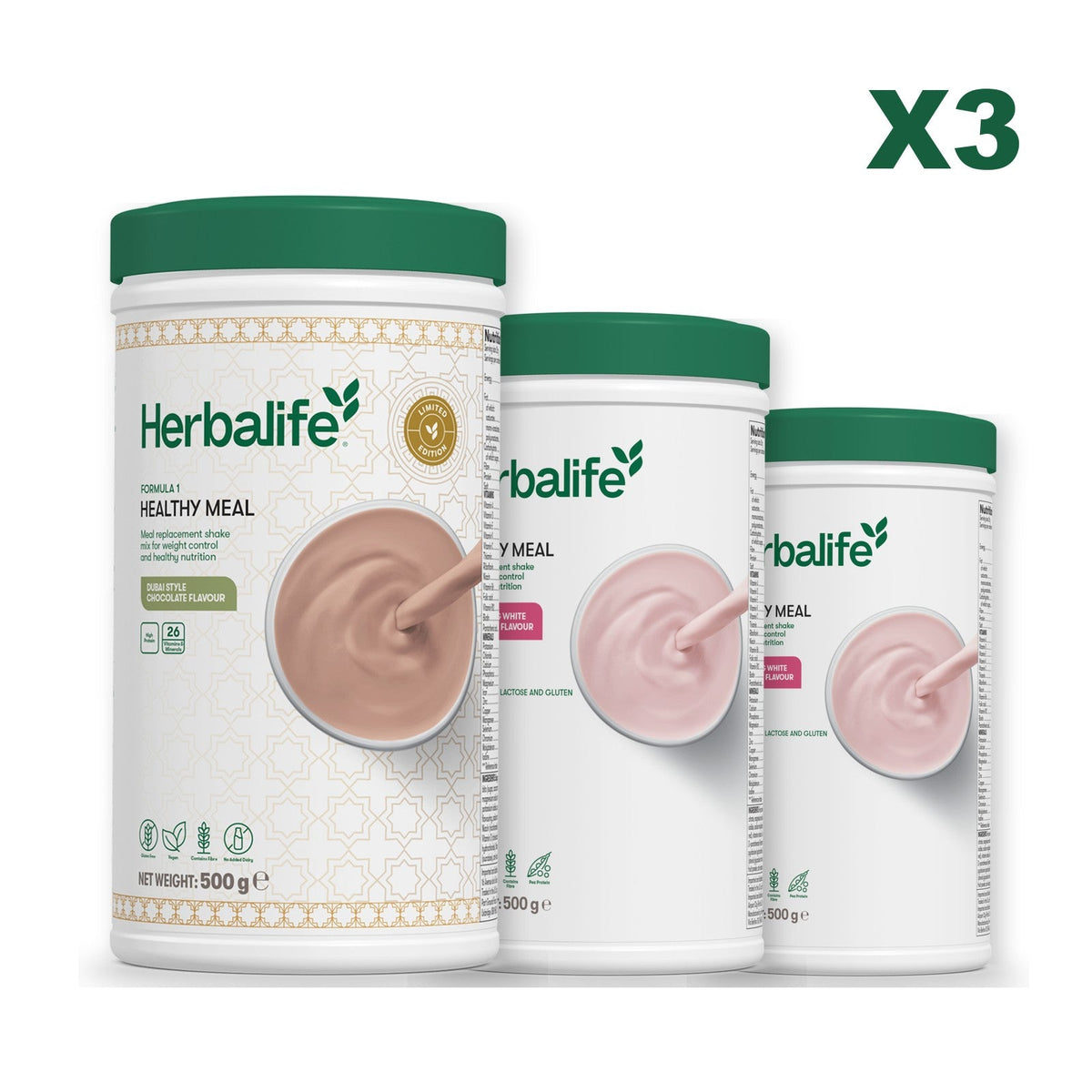 Formula 1 Dubai Style Chocolate meal shake tub shown with two further Formula 1 tubs, Free From Raspberry & White Chocolate / Free From Raspberry & White Chocolate